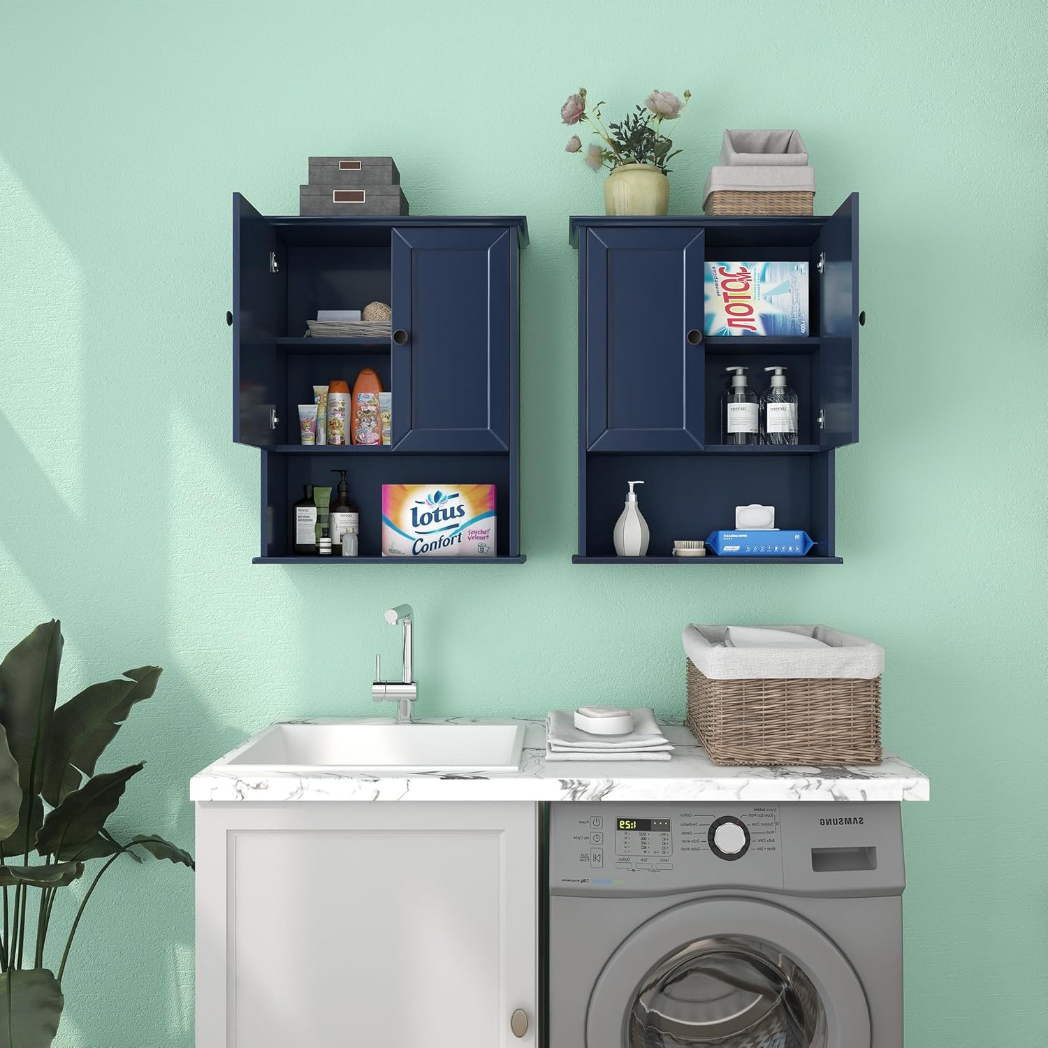 Armario de baño azul montado en la pared, botiquines de madera sobre inodoro, gabinete de almacenamiento de 24 x 30 pulgadas, gabinete de pared