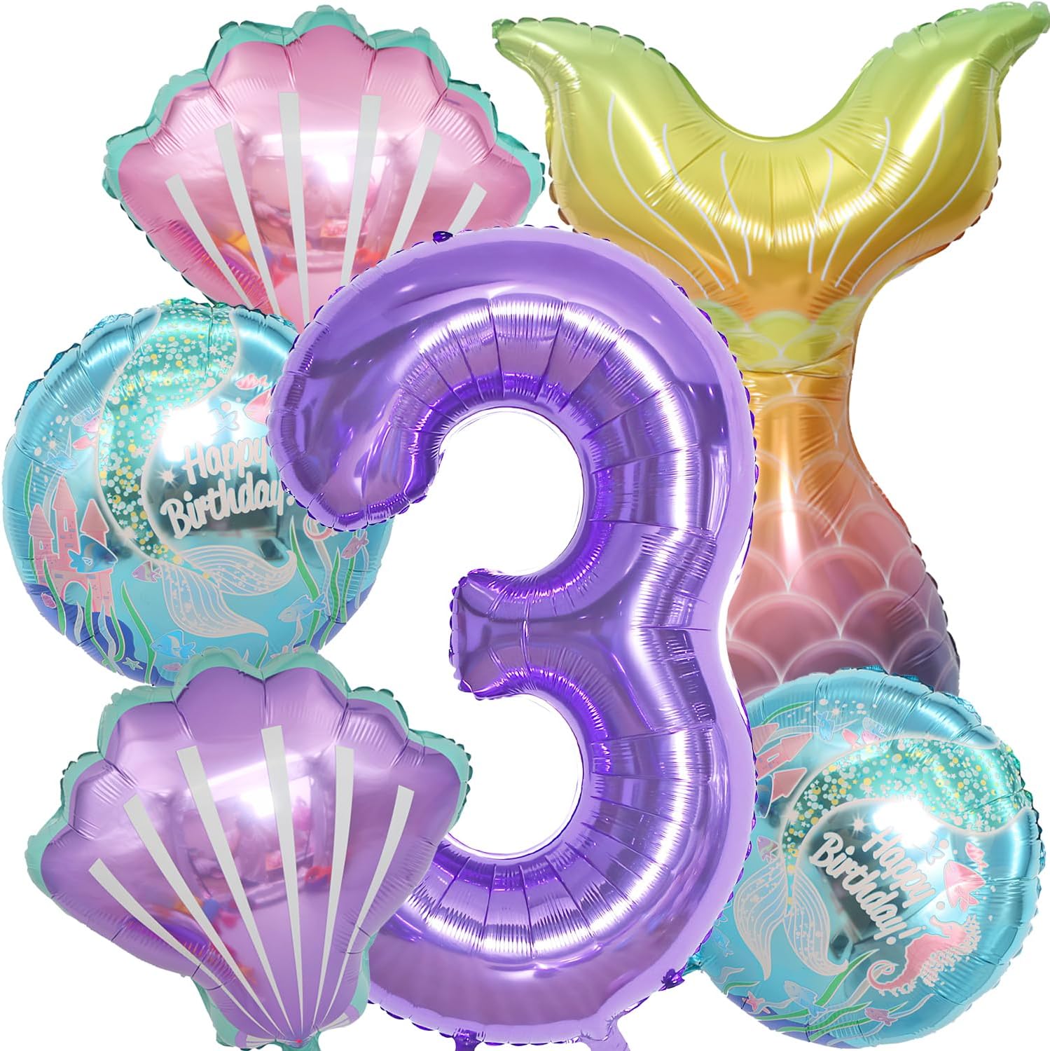 Decoraciones de fiesta de cumpleaños de sirena, suministros de fiesta de cumpleaños de sirena, incluye cola de sirena y globos morados del número 3