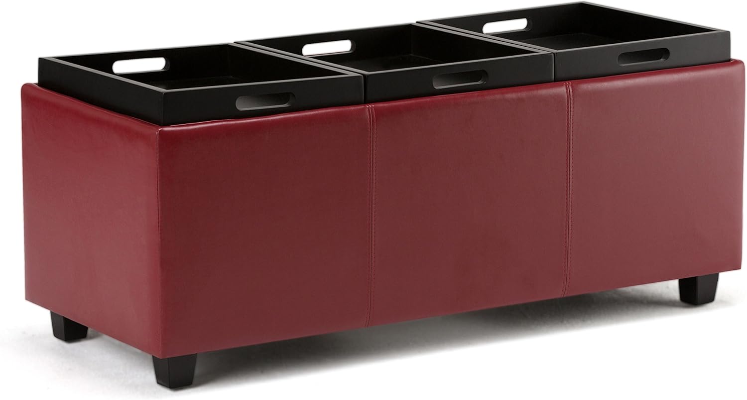 Otomana rectangular de Simpli Home de piel sintética para almacenamiento con 3 bandejas, Avalon, Madera