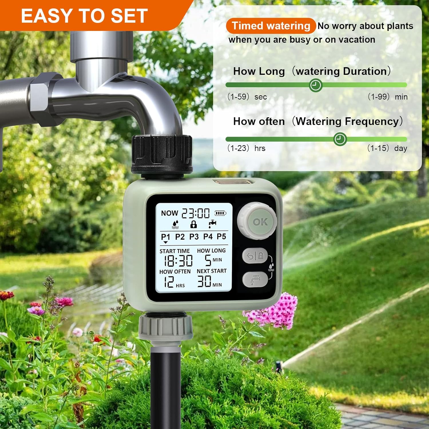 Temporizador de rociador de agua con 5 programas de riego separados para grifo de manguera de jardín, temporizador de manguera programable con