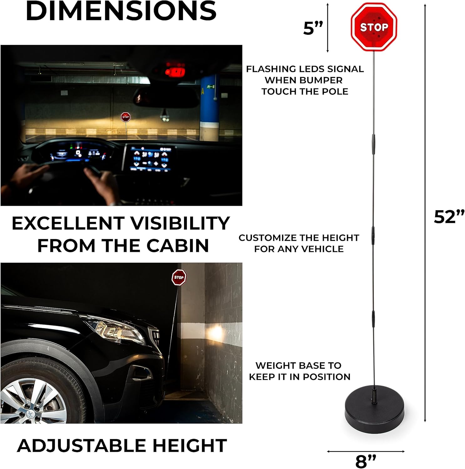 VaygWay Señal de parada intermitente LED para garaje  Señal grande rojo brillante de 7 pulgadas, altura ajustable a 52 pulgadas, sensores