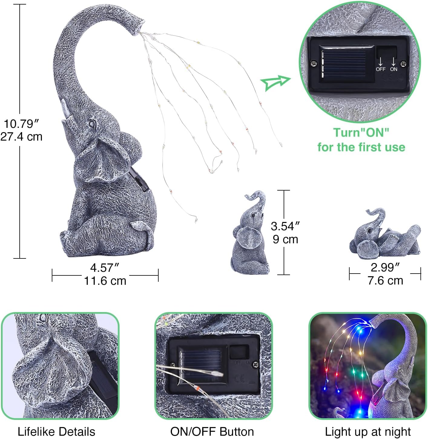 Goodeco Estatua de elefante de jardín para exteriores, regalos de elefante con luces de riego solares, figura de elefante sentado perfecta para