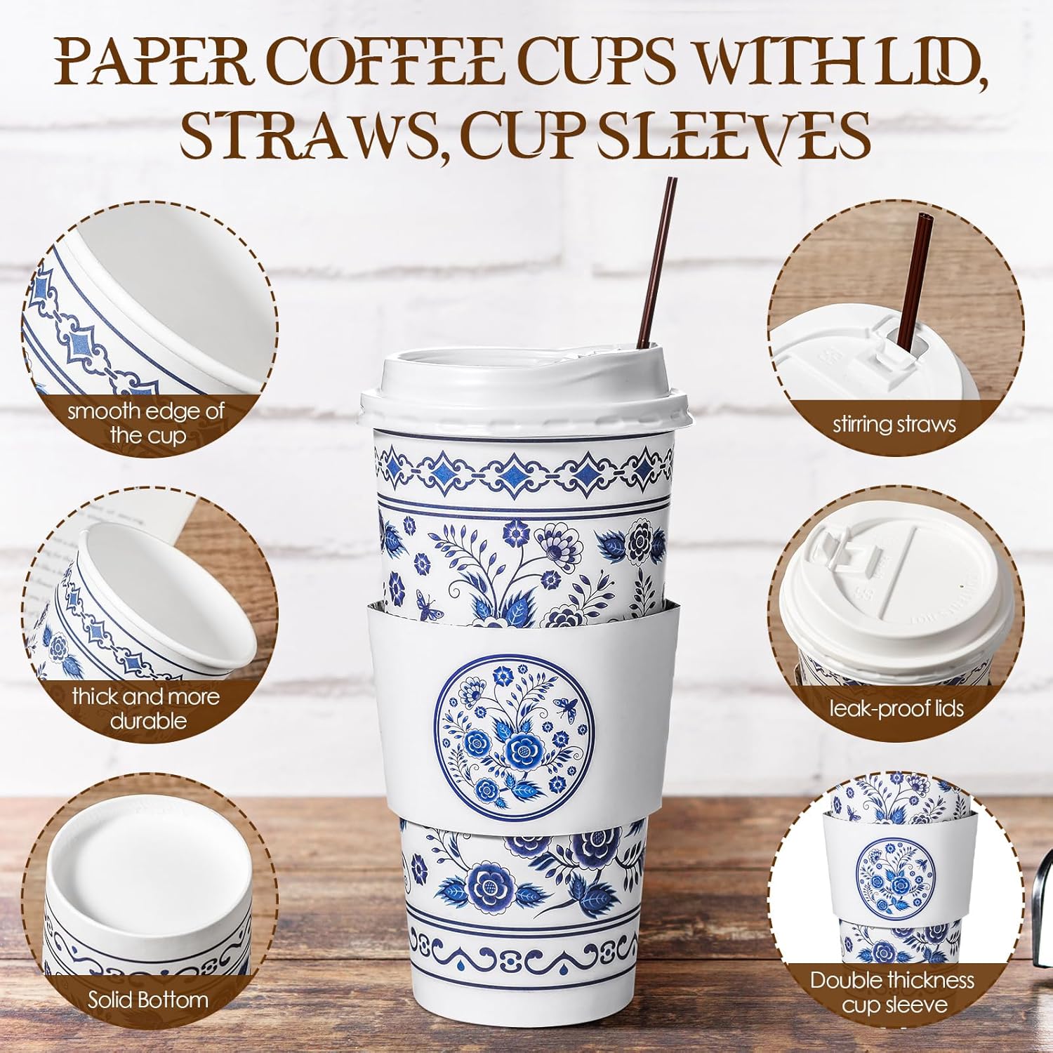 Sherr Paquete de 100 tazas de café de papel desechables con tapas, tazas de café con mangas y pajitas, tazas de café de papel azul y blanco, tazas