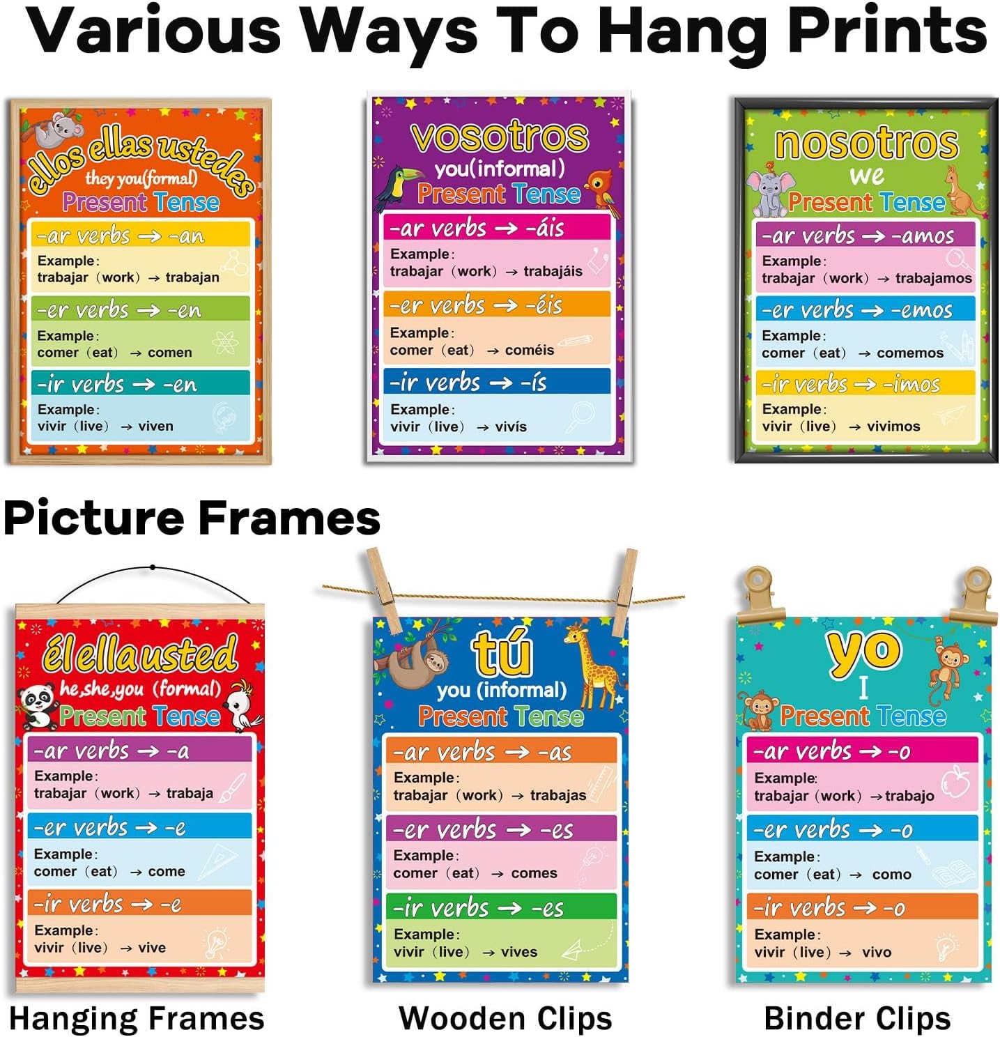 gisgfim 6 pósteres de conjugación de verbos en español, decoración de gramática española de color para decoración de aula de escuela primaria, media