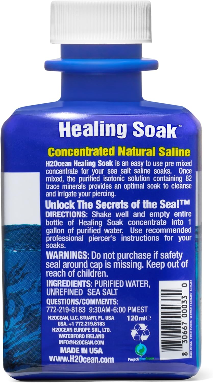 H2Ocean Baño de sal marina para piercings y heridas, solución salina de sal marina para piercings y cuidado de heridas, cuidado posterior calmante