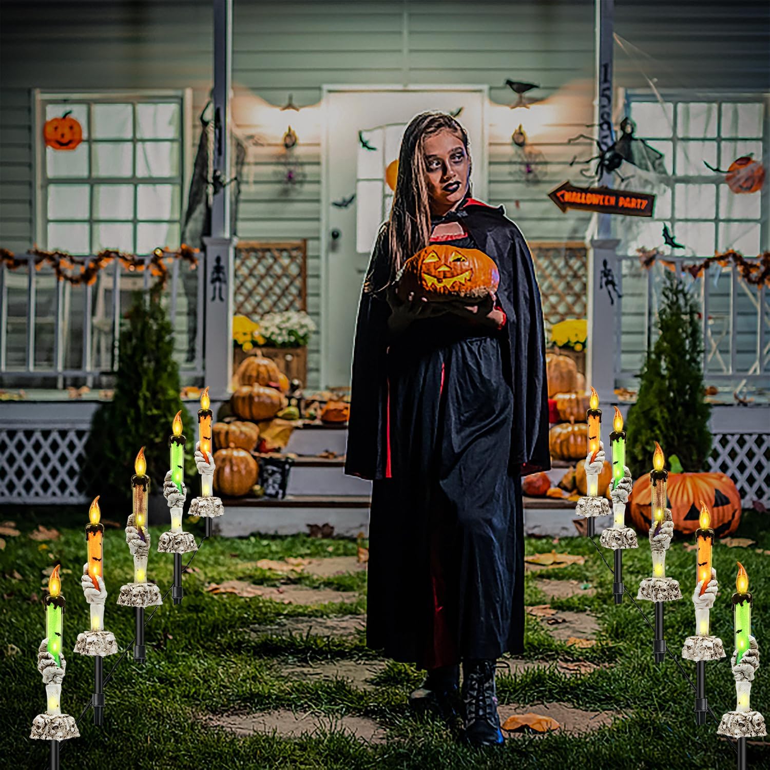 Decoración de luces de jardín de Halloween, paquete de 5 velas de mesa con mano de fantasma de esqueleto, estacas iluminadas para patio para