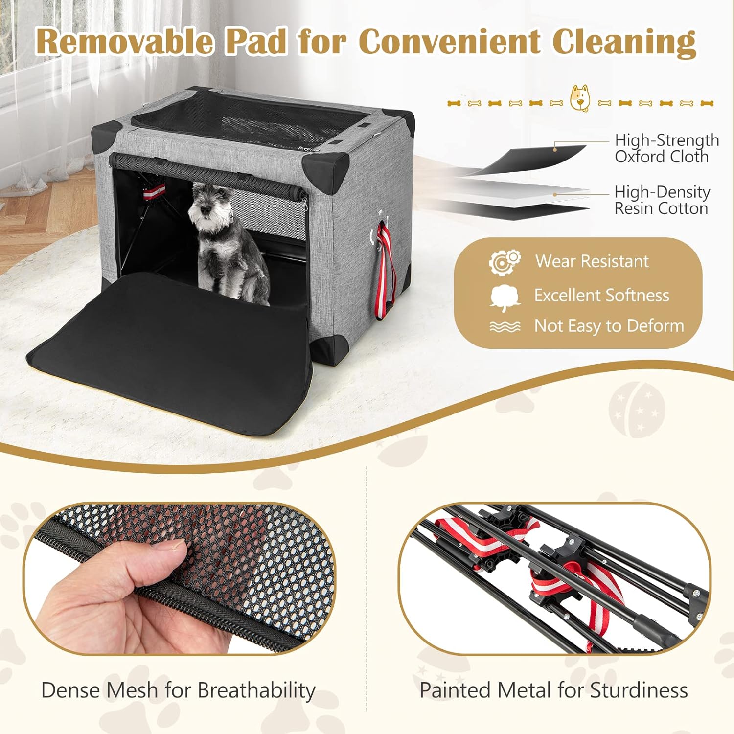 Tangkula Jaula plegable para perros de 3 puertas, suave con almohadilla extraíble y marco de metal, transportador de viaje para mascotas, lavable