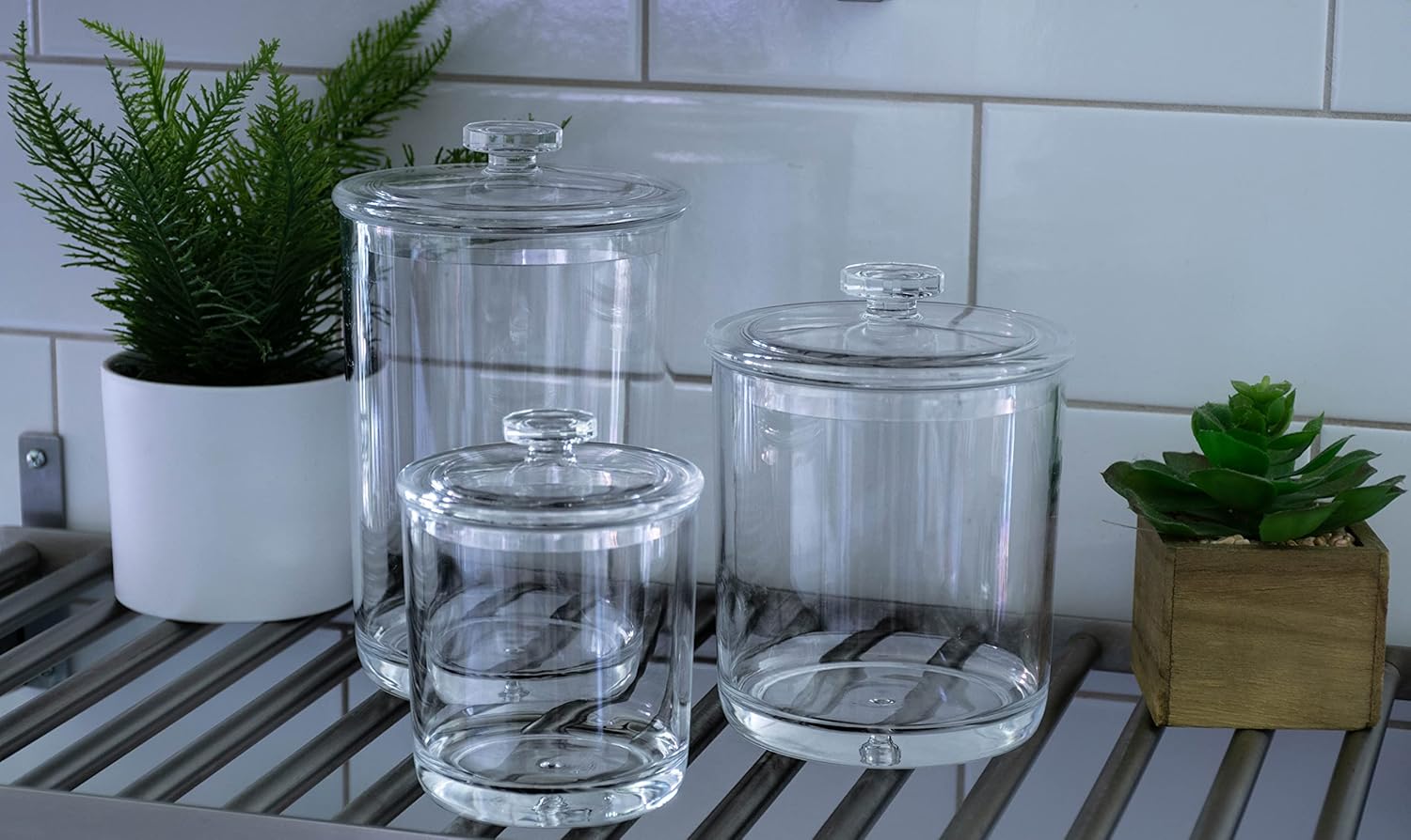 Tarros de plástico acrílico transparente de alta calidad con tapas para organización de baño y cocina, organizadores elegantes y duraderos para