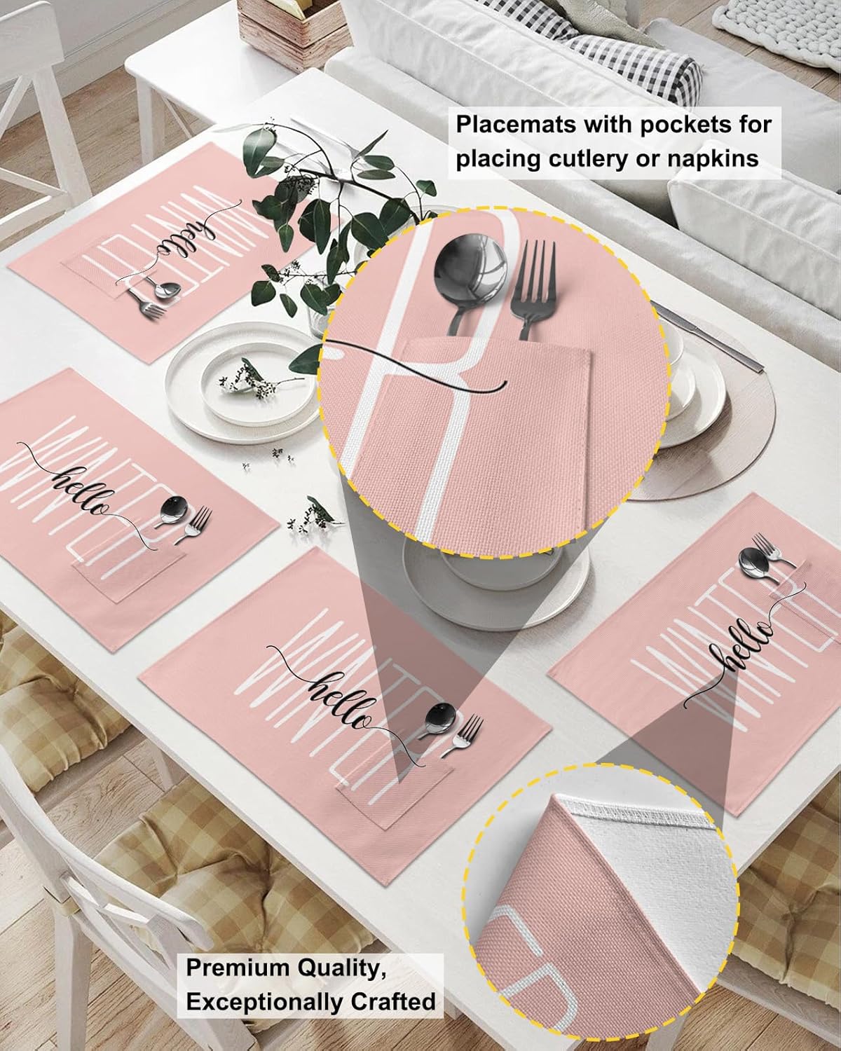 Hello Winter – Juego de 4 manteles individuales tejidos, lavables y lavables con bolsillo, manteles individuales de tela navideña para fiestas,