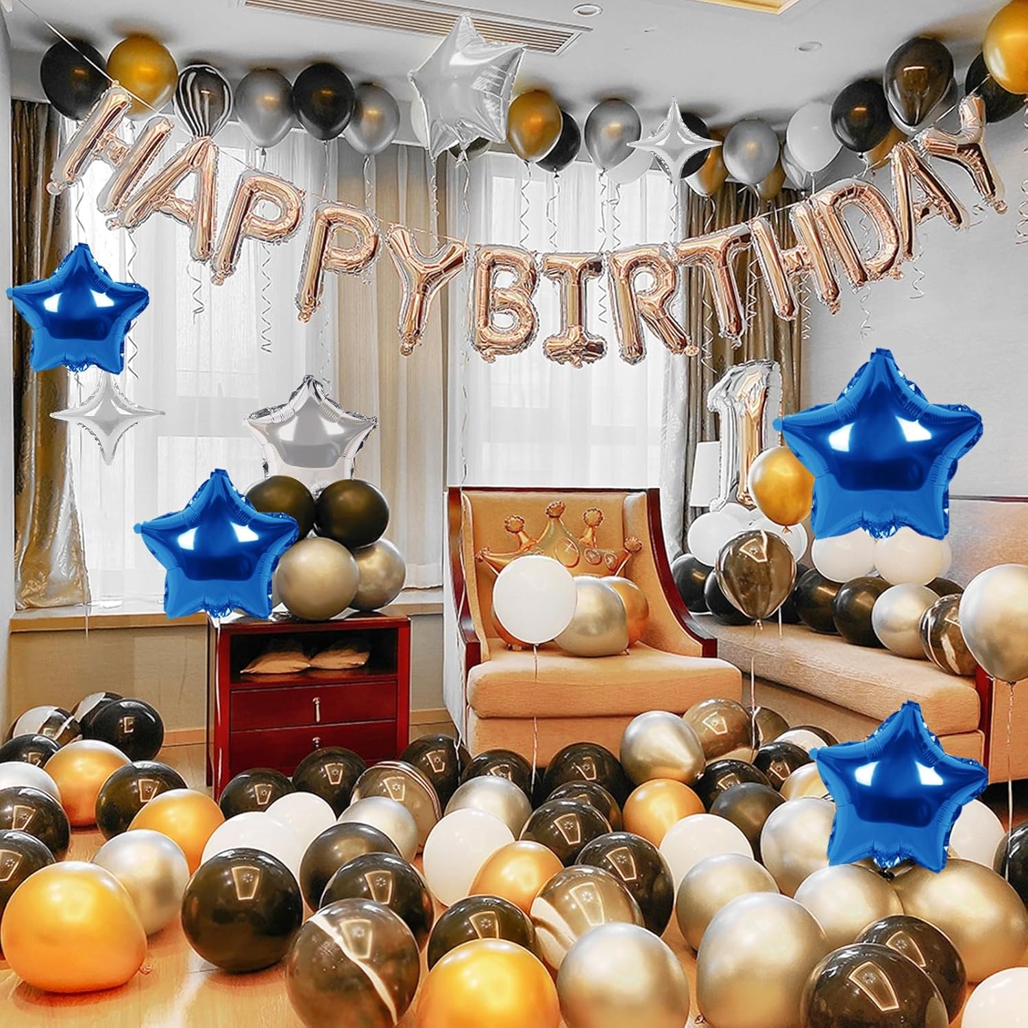 Cartel de feliz cumpleaños, 13 letras de papel de aluminio de Mylar de 16 pulgadas con 12 globos de estrella, decoraciones de fiesta de cumpleaños