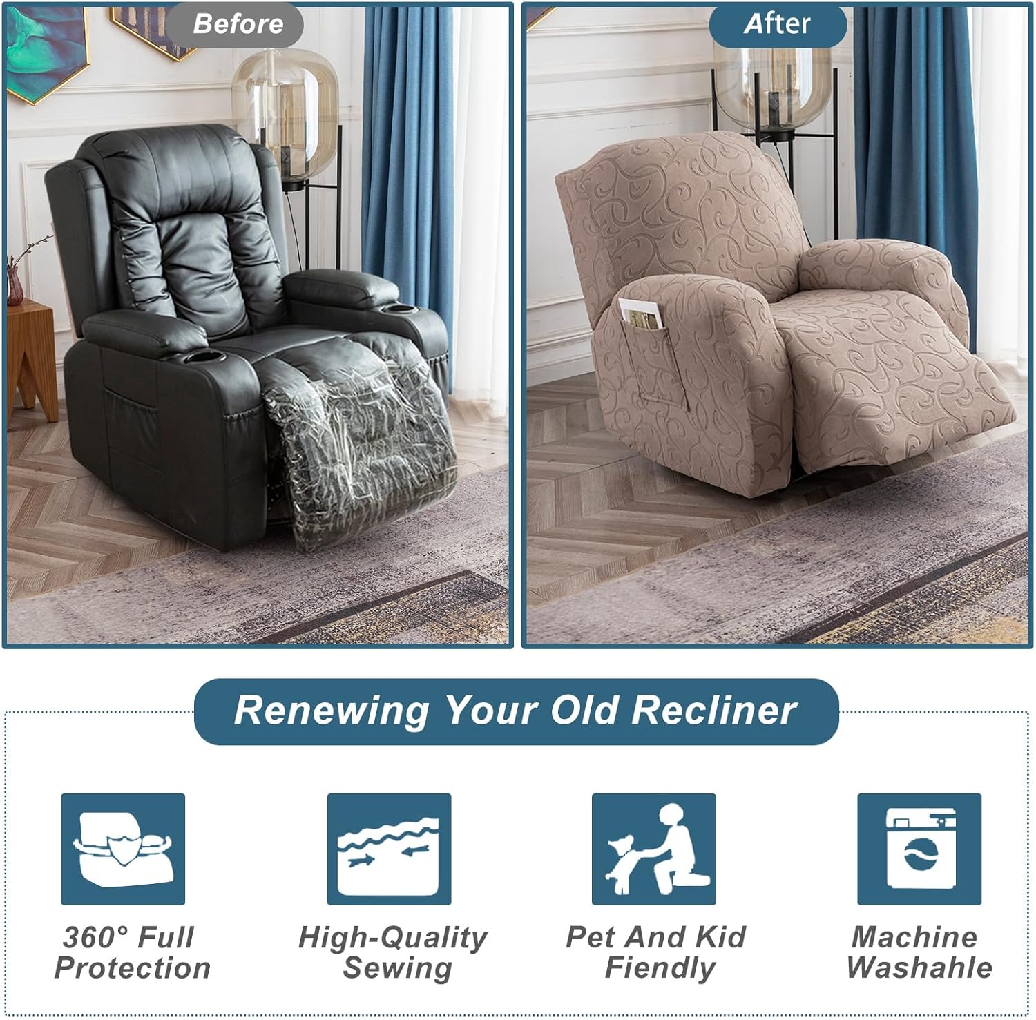 YUEANG Funda reclinable elástica de 4 piezas, funda de sofá para sofá reclinable de 1 asiento, protector de muebles lavable con parte inferior