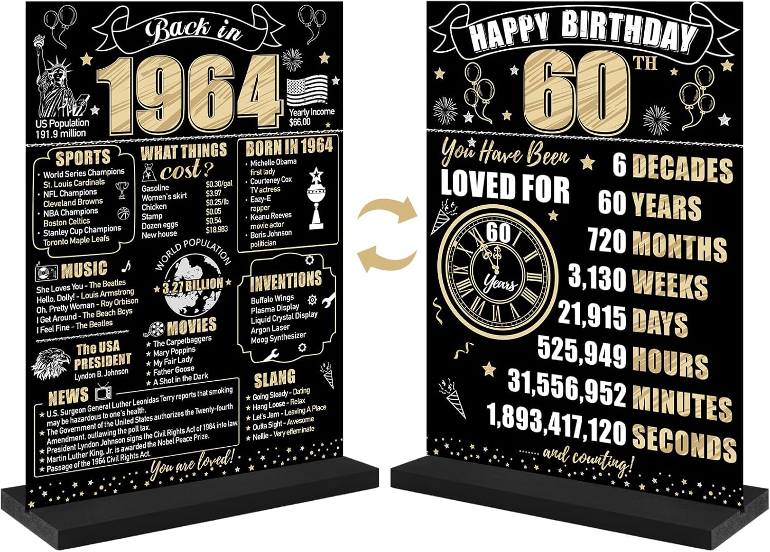Cartel de mesa de 60 cumpleaños negro y dorado para hombres y mujeres, póster de madera vintage de 60 cumpleaños de dos caras con soporte para