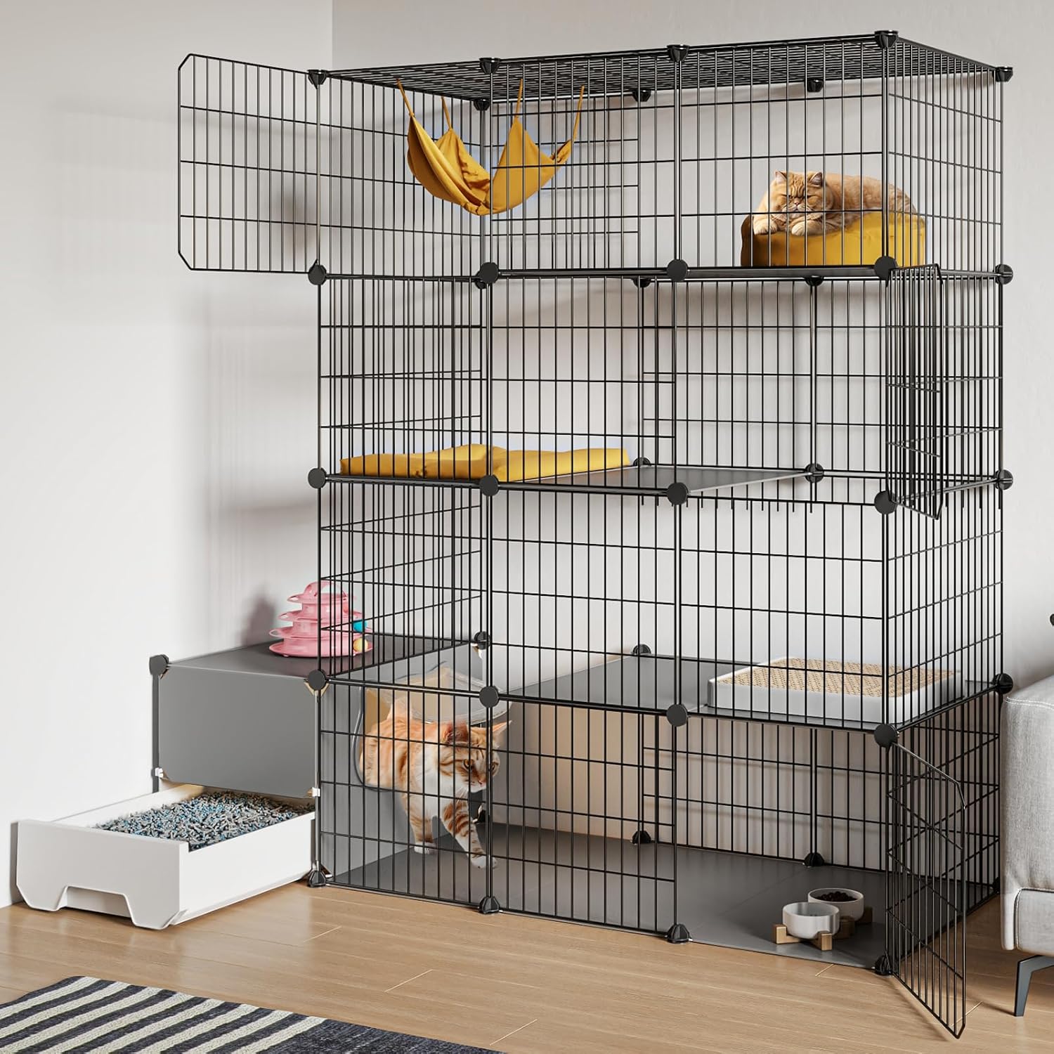 Jaula para gatos con caja de arena, recintos para gatos de 4 niveles, corralito grande, desmontable, alambre de metal, jaula para interiores, lugar