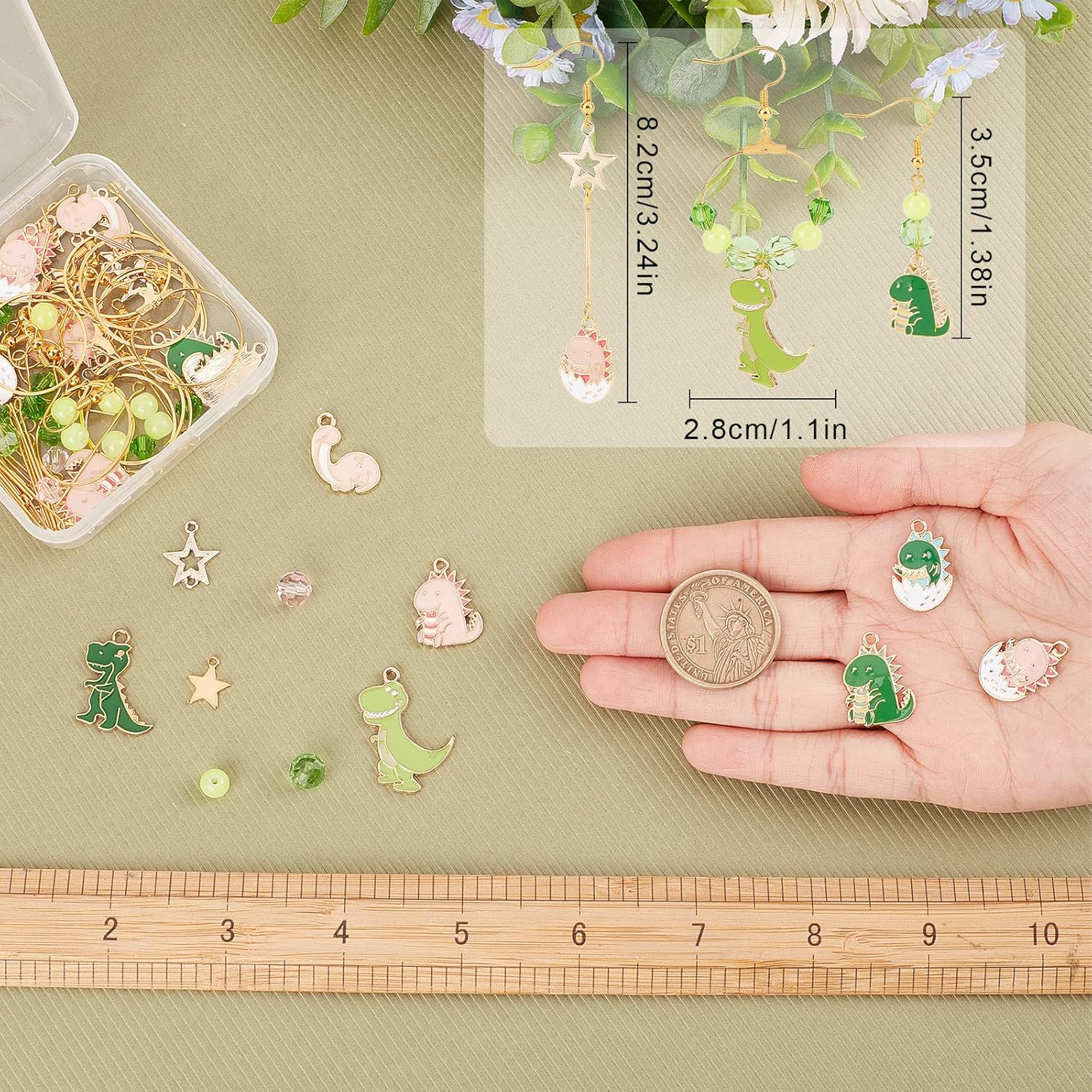 SUNNYCLUE 1 caja, 10 pares de aretes de dinosaurio, kit de iniciación para hacer encantadores animales de dibujos animados con dije de estrella,