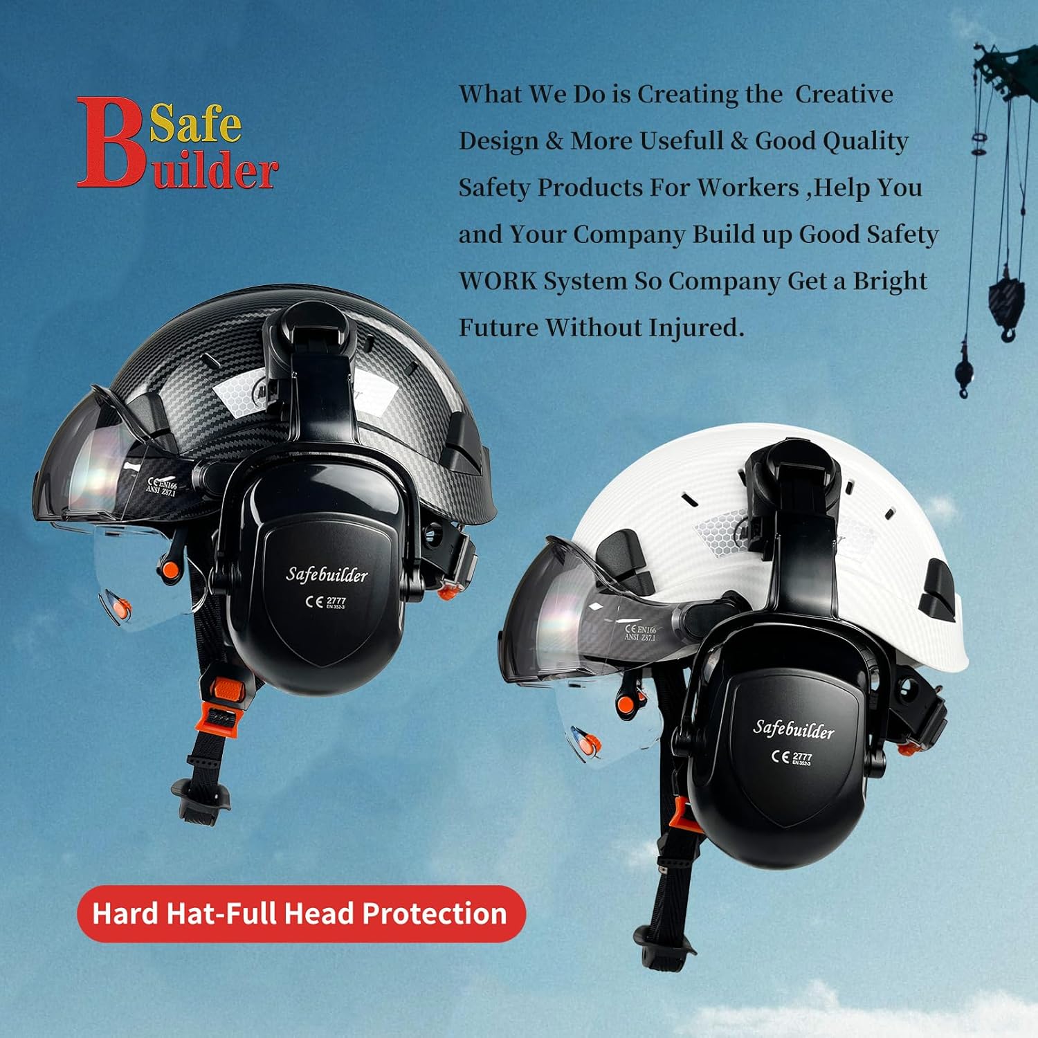 SAFEBUILDER Casco de seguridad con gafas, orejeras de fibra de carbono, para construcción industrial, protección para la cabeza, aprobación ANSI