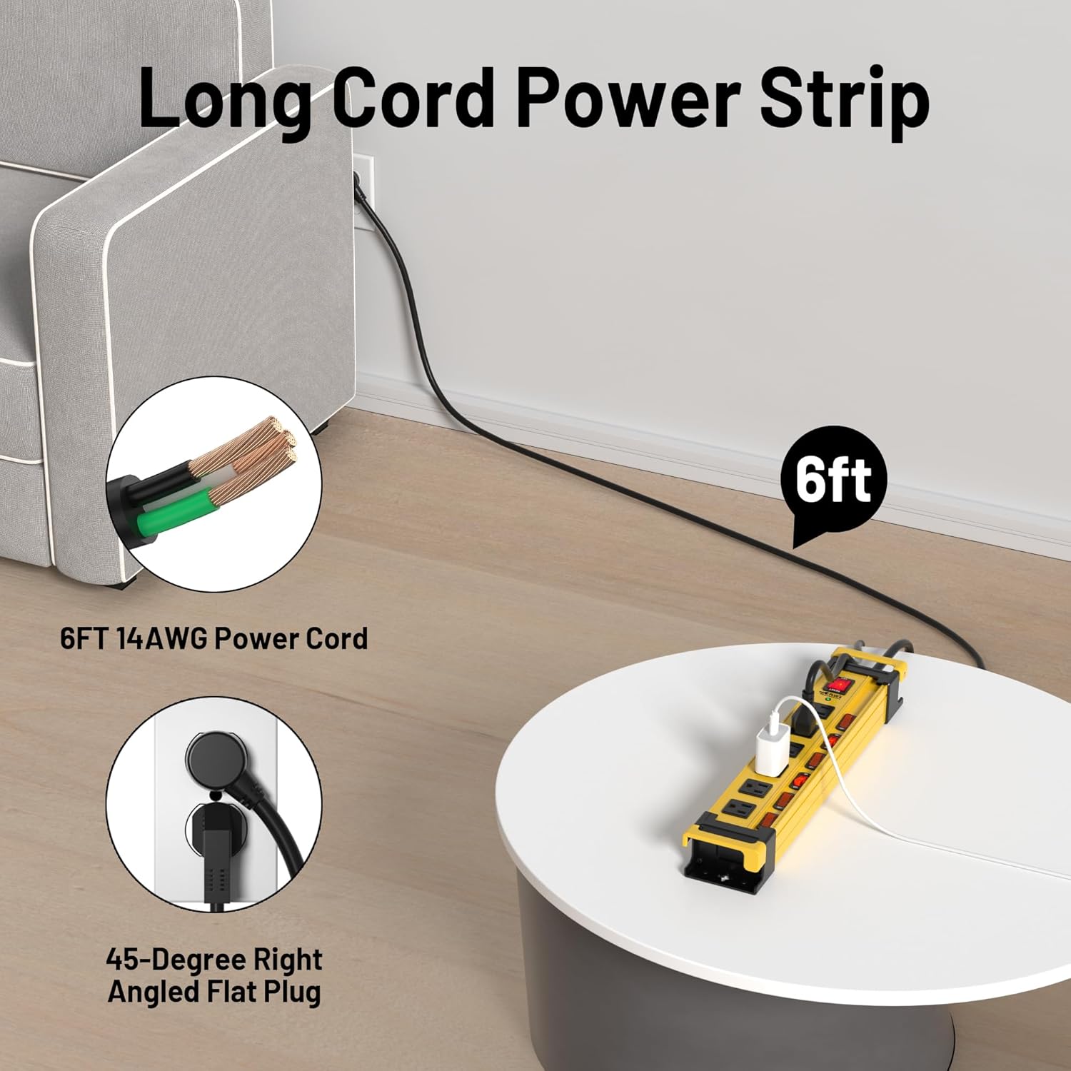 Regleta protectora contra sobretensiones 2700J con interruptores individuales y enchufe plano, regletas de alimentación de metal resistente de 6