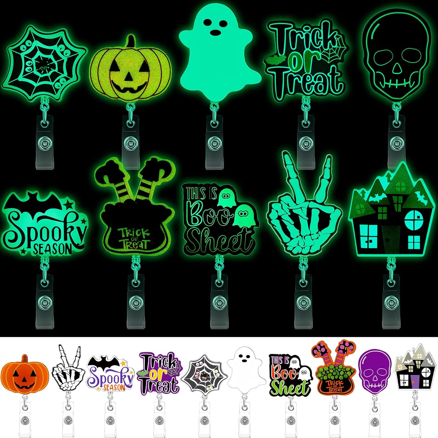 10 carretes de insignias de Halloween que brillan en la oscuridad, carretes retráctiles de Halloween para enfermeras, lindos portatarjetas de