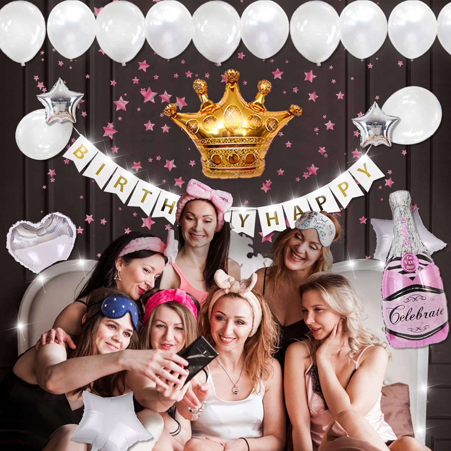 GoGoGoodie Decoraciones de fiesta de cumpleaños de color plateado y blanco para mujeres, kit de decoración de fiesta favorito de niñas adultas,