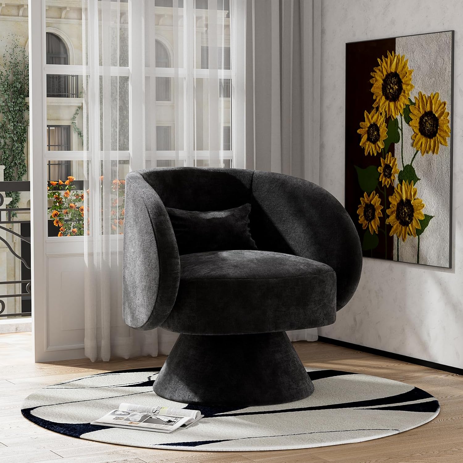 OUYESSIR Sillas giratorias de barril, silla giratoria de 360 grados, silla redonda moderna con almohada, sillas de sala de estar de tela cómoda para