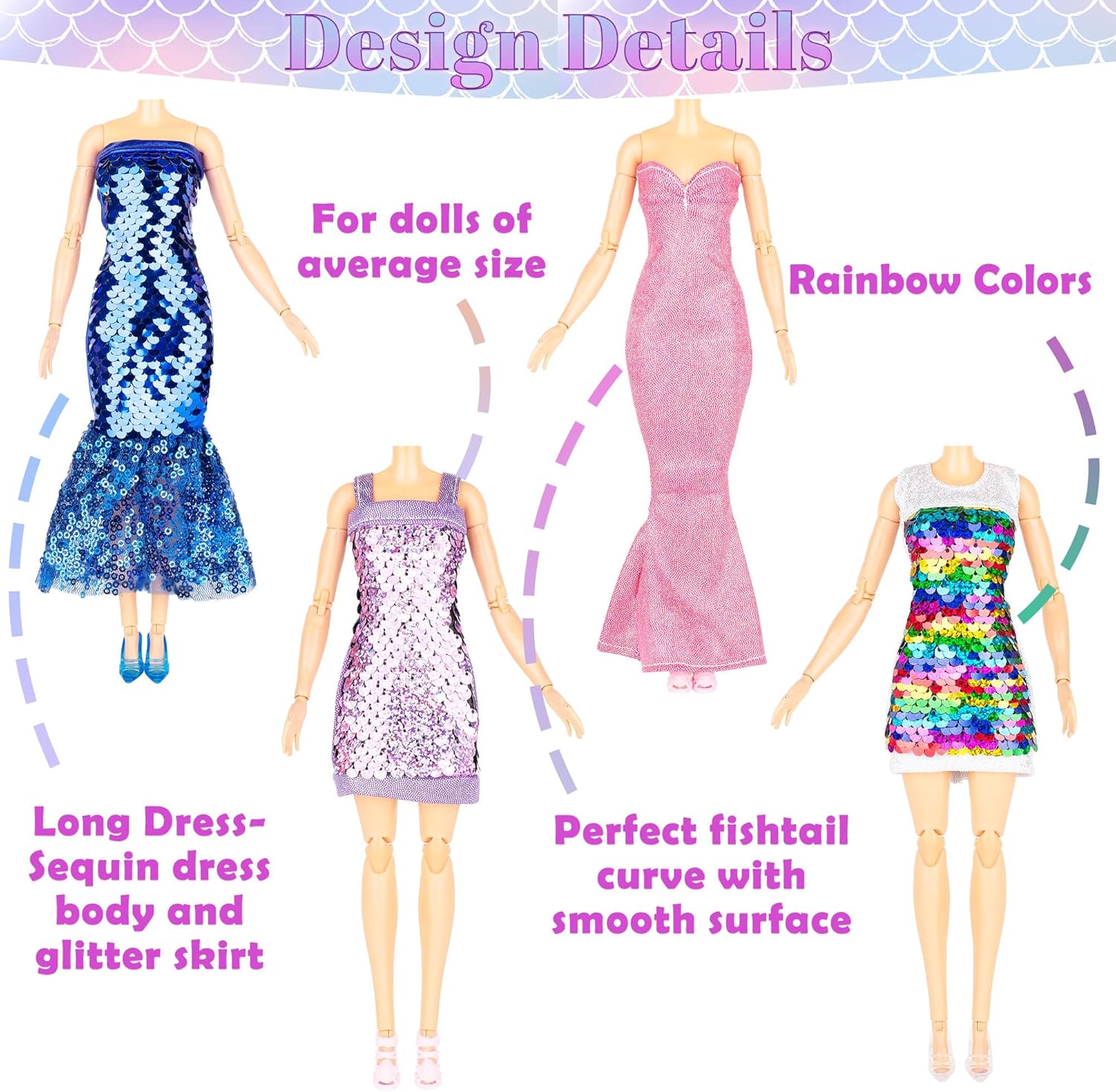 Ropa y accesorios de muñeca de sirena con lentejuelas y brillantina, 12 vestidos de fiesta con purpurina brillante, 2 adornos de corona diferentes y
