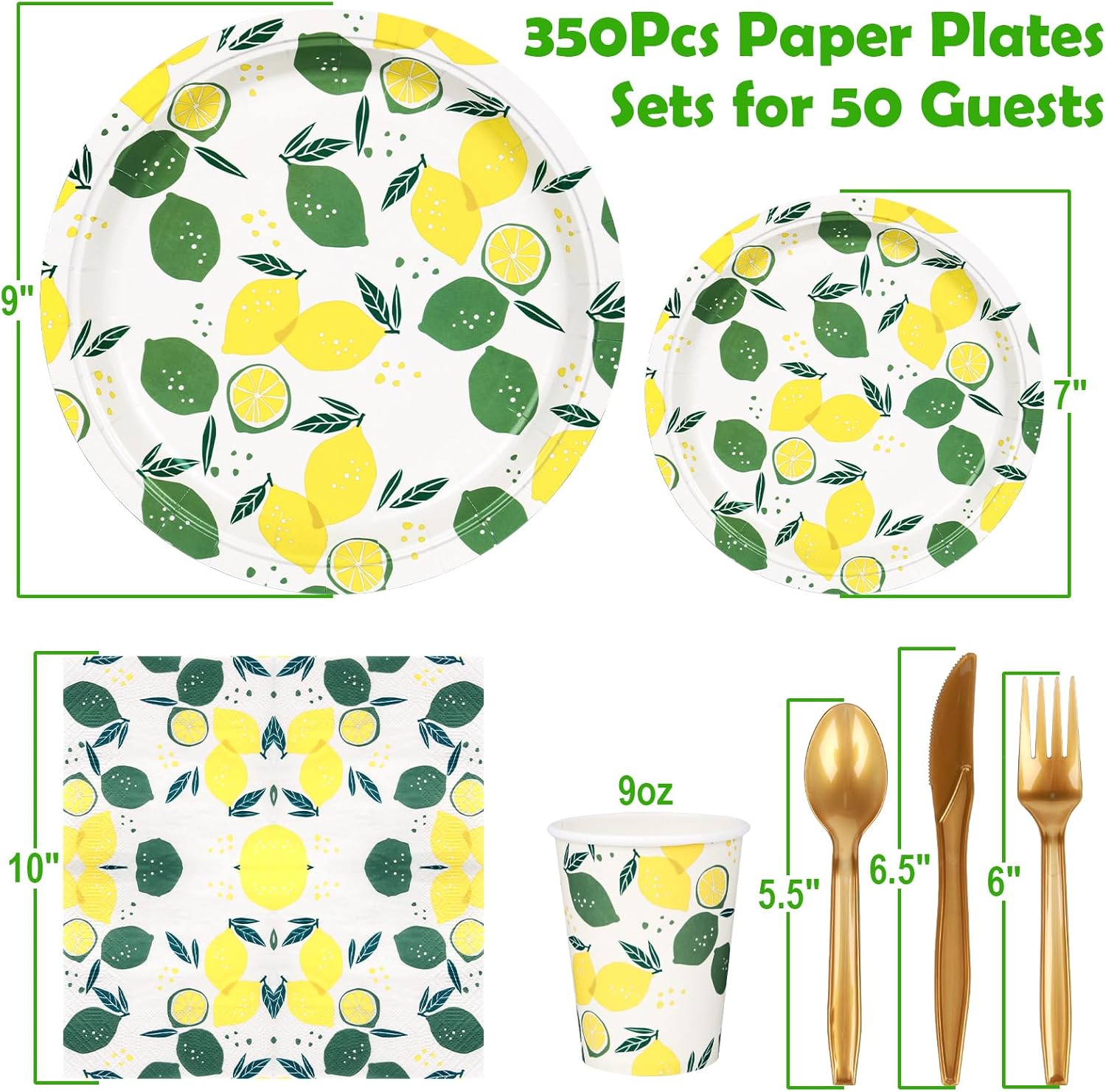 Juego de 350 platos desechables, platos de fiesta, tazas y servilletas, juego de platos de papel de limón, juego de vajilla desechable para 50