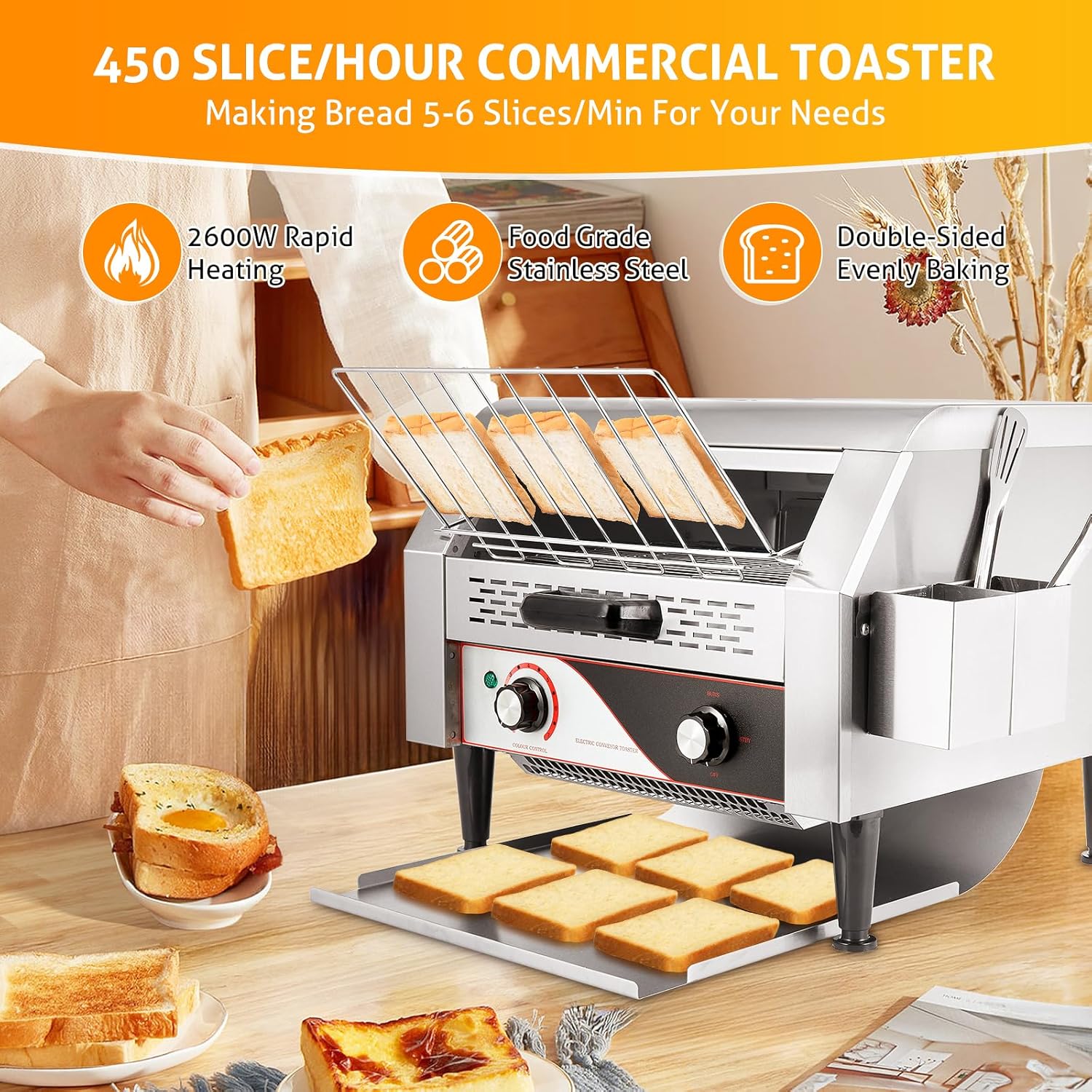 WICHEMI Tostadora comercial 450 rebanadashora tostadora transportadora eléctrica 2600 W tostadora de restaurante para pan bagel pan resistente