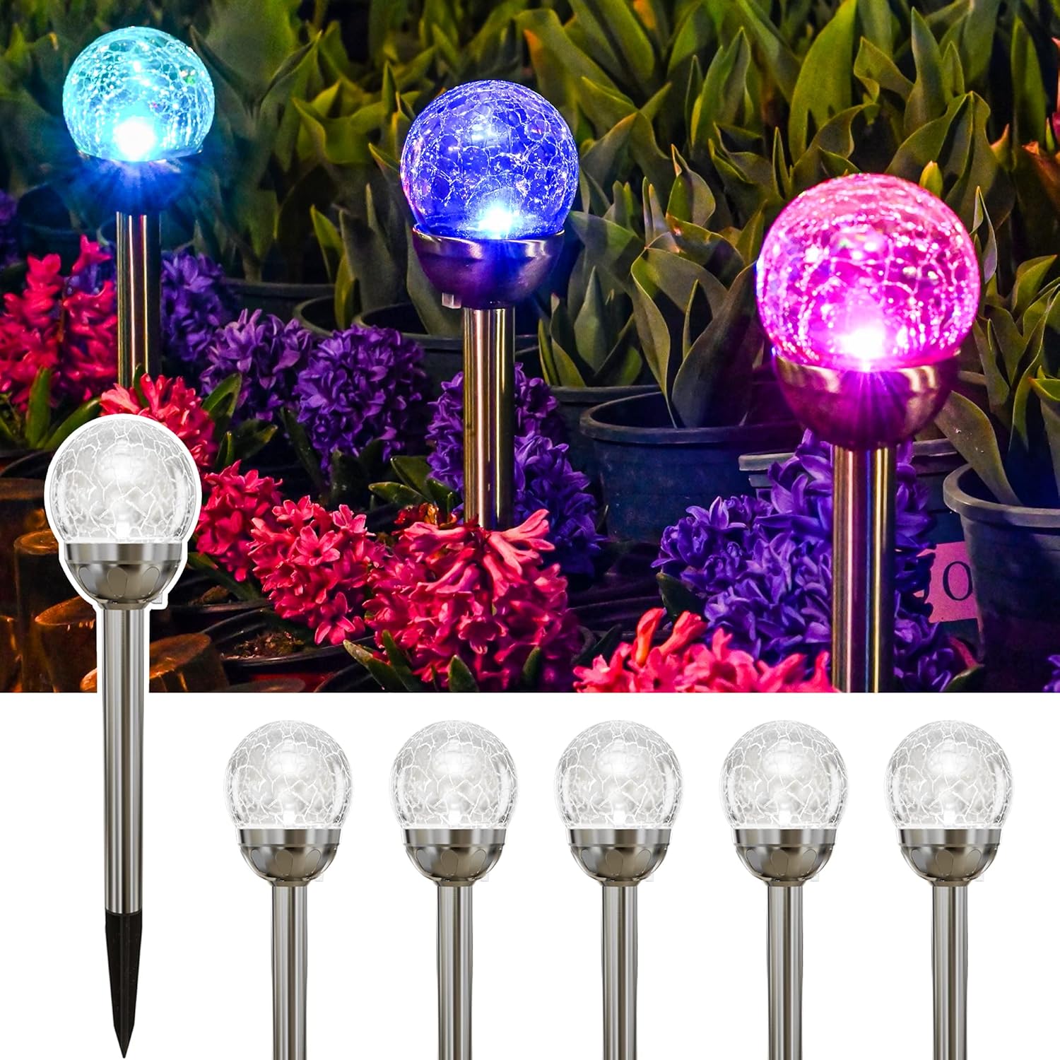 GIGALUMI Luces solares para exteriores, bola de vidrio agrietado, luces solares de jardín, luces que cambian de color al aire libre, luces LED de