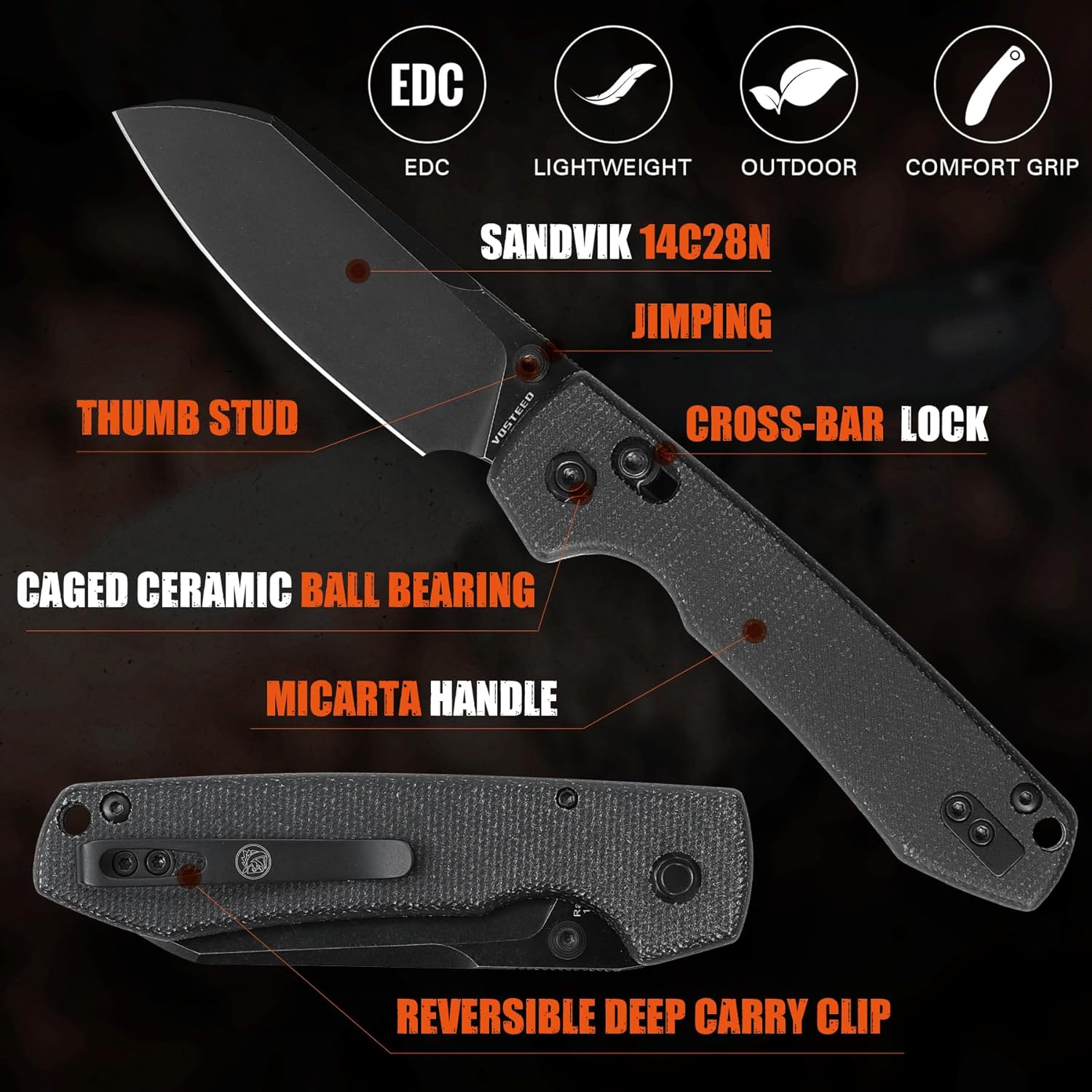 Vosteed EDC – Cuchillo plegable ligero de bolsillo con clip para hombres y mujeres, cuchillo de bloqueo de barra transversal con hoja de acero