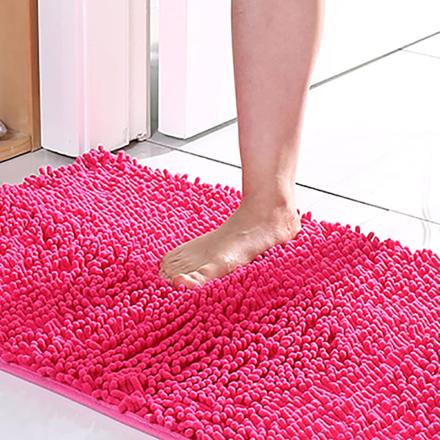 Tapete de ducha absorbente, rosa intenso, antideslizante, suave, cómodo, duradero, grueso, lavable a máquina, cocina y baño, 20 x 12 pulgadas