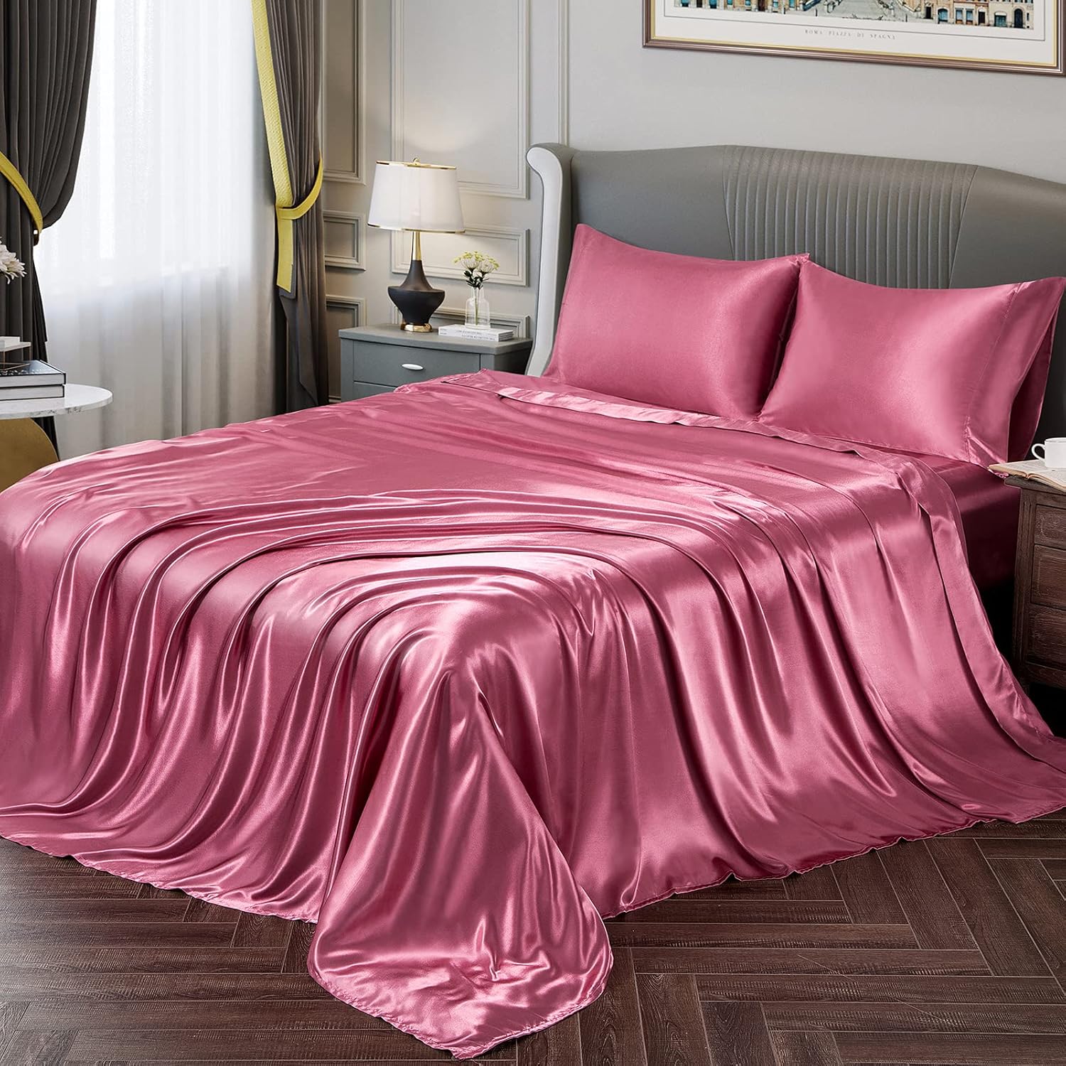 Krissh – Juego de sábanas de seda satinada suave de 6 piezas, tamaño Queen, color rojo vino claro, sábana encimera ajustable (bolsillo profundo de