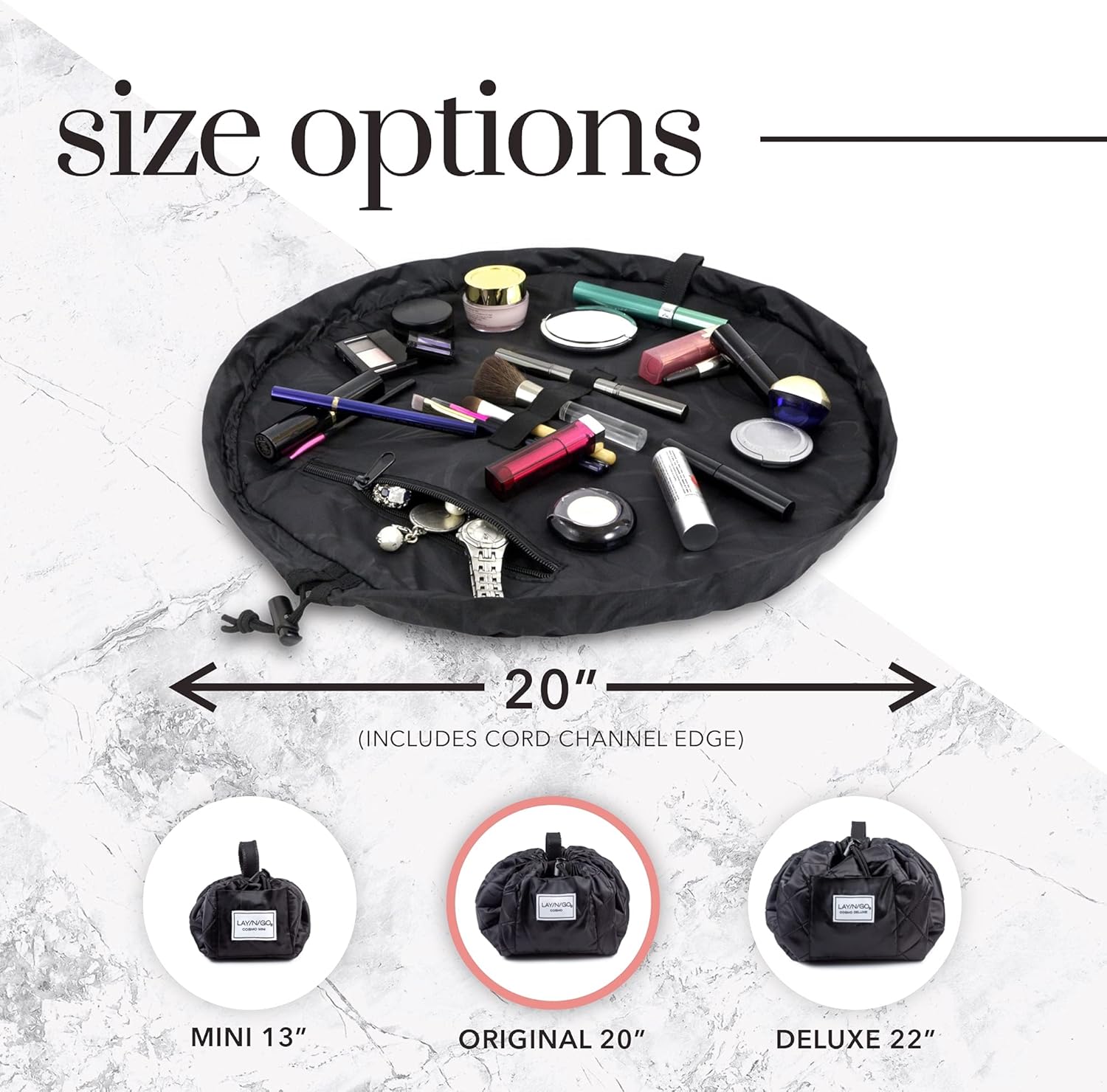 Lay-n-Go Cosmo – Organizador de cosméticos y maquillaje con cordón, bolsa de aseo para viajes, regalos y uso diario, Grit Grace Gratitud