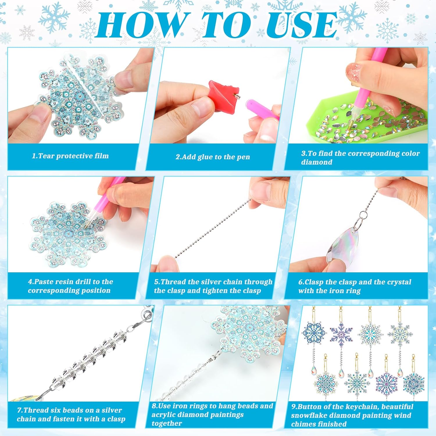 Chitidr 8 piezas de adornos de pintura de diamantes de invierno 5D DIY copos de nieve arte de diamantes campanas de viento copo de nieve colgantes
