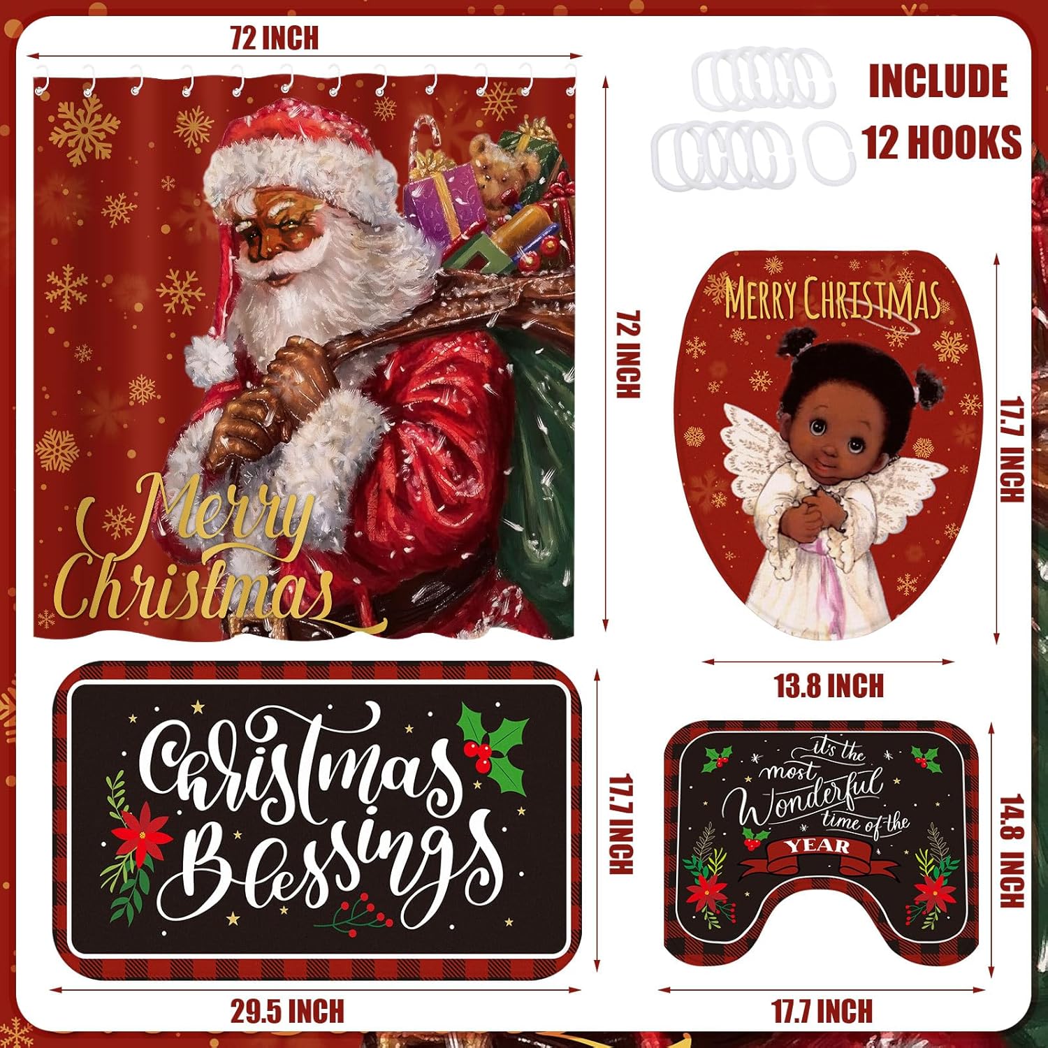 Preboun Juego de cortina de ducha de Navidad de Papá Noel, 72 x 72 pulgadas, cortina de baño de Navidad con 12 ganchos antideslizante, cubierta para