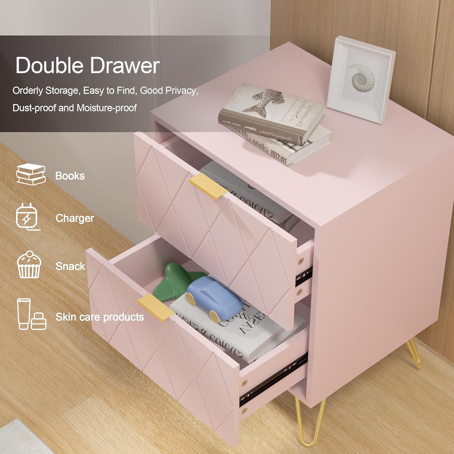 Anbuy – Juego de 2 mesitas de noche grandes, color rosa, mesa auxiliar doble, mesita de noche con 2 cajones, doble mesita de noche con patas doradas