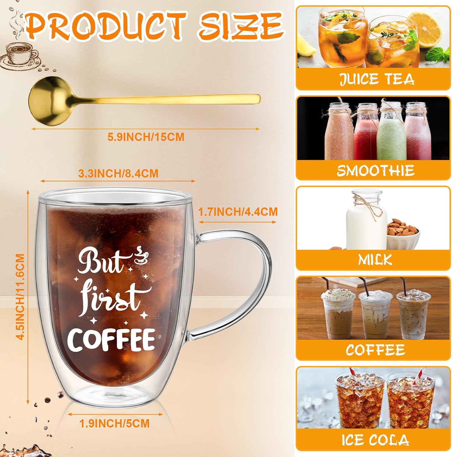 Yaomiao Paquete de 4 tazas de café transparentes con cuchara de 12 onzas, vasos aislados de doble pared con asa, resistentes al calor, té, vino,