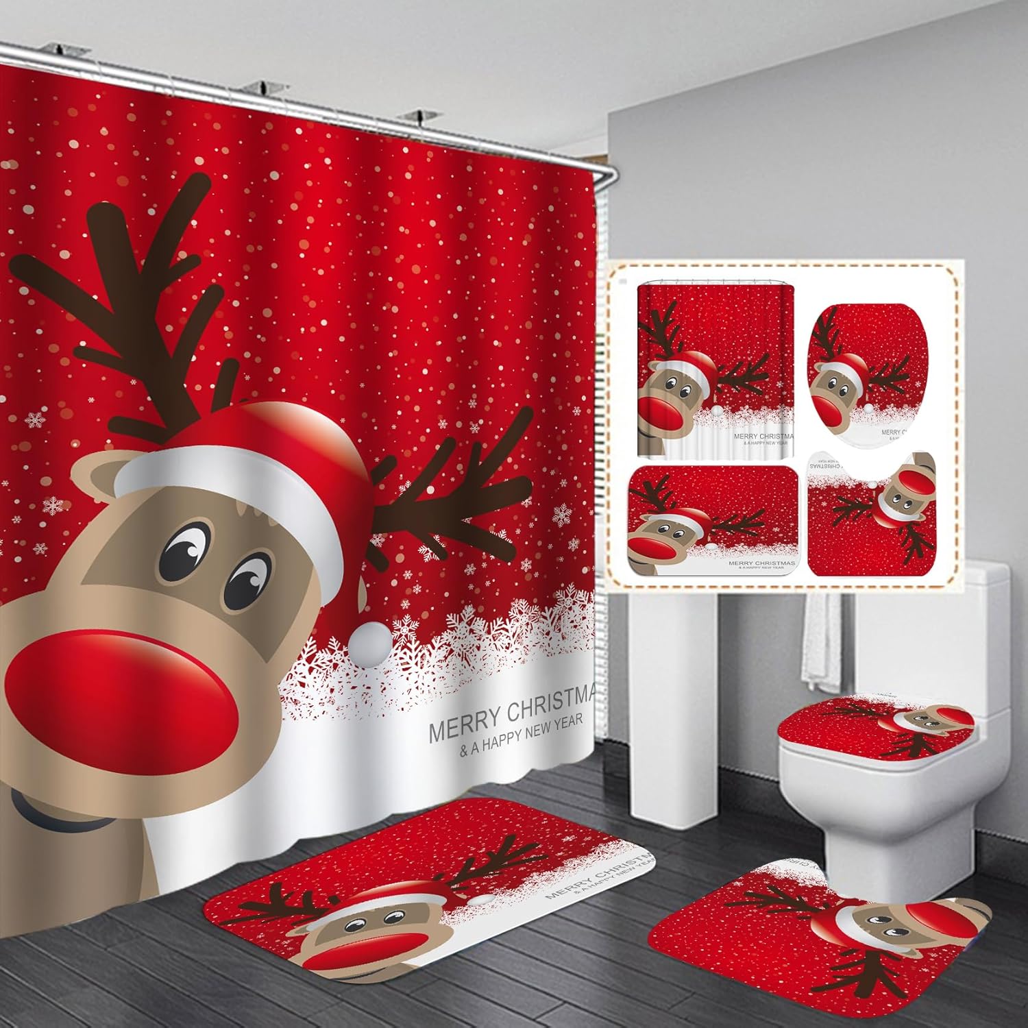 HYHWPH Juego de cortinas de ducha de Navidad, 4 piezas con cortina de ducha, alfombra de tapa de inodoro, tapete de contorno y tapete de baño,