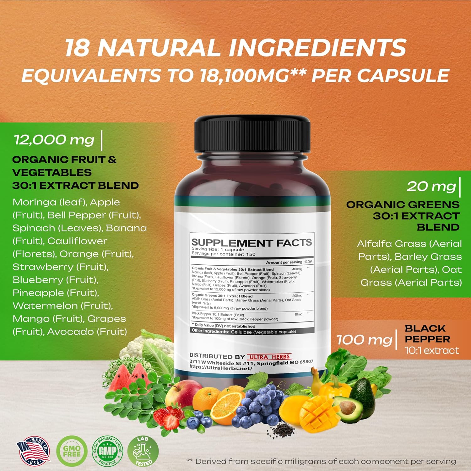 Superfood Greens 18 en 1  18,100 mg con frutas y verduras y hierbas  Moringa, alfalfa, manzana, espinatch, plátano, fresa, potencia la energía, la