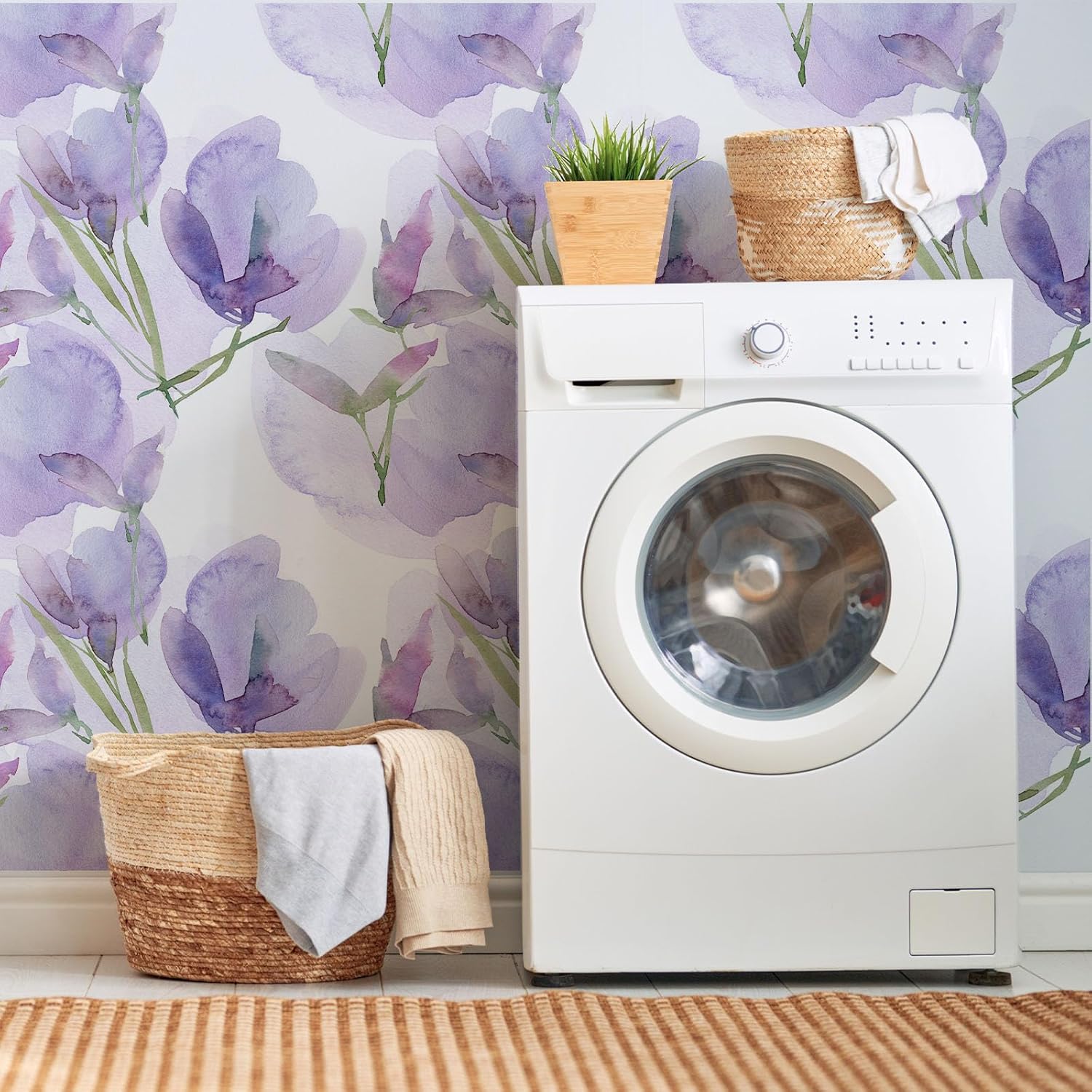 Papel tapiz de vinilo autoadhesivo para despegar y pegar, extraíble, hojas blancas y moradas, estilo bohemio, fácil de despegar, para dormitorio,