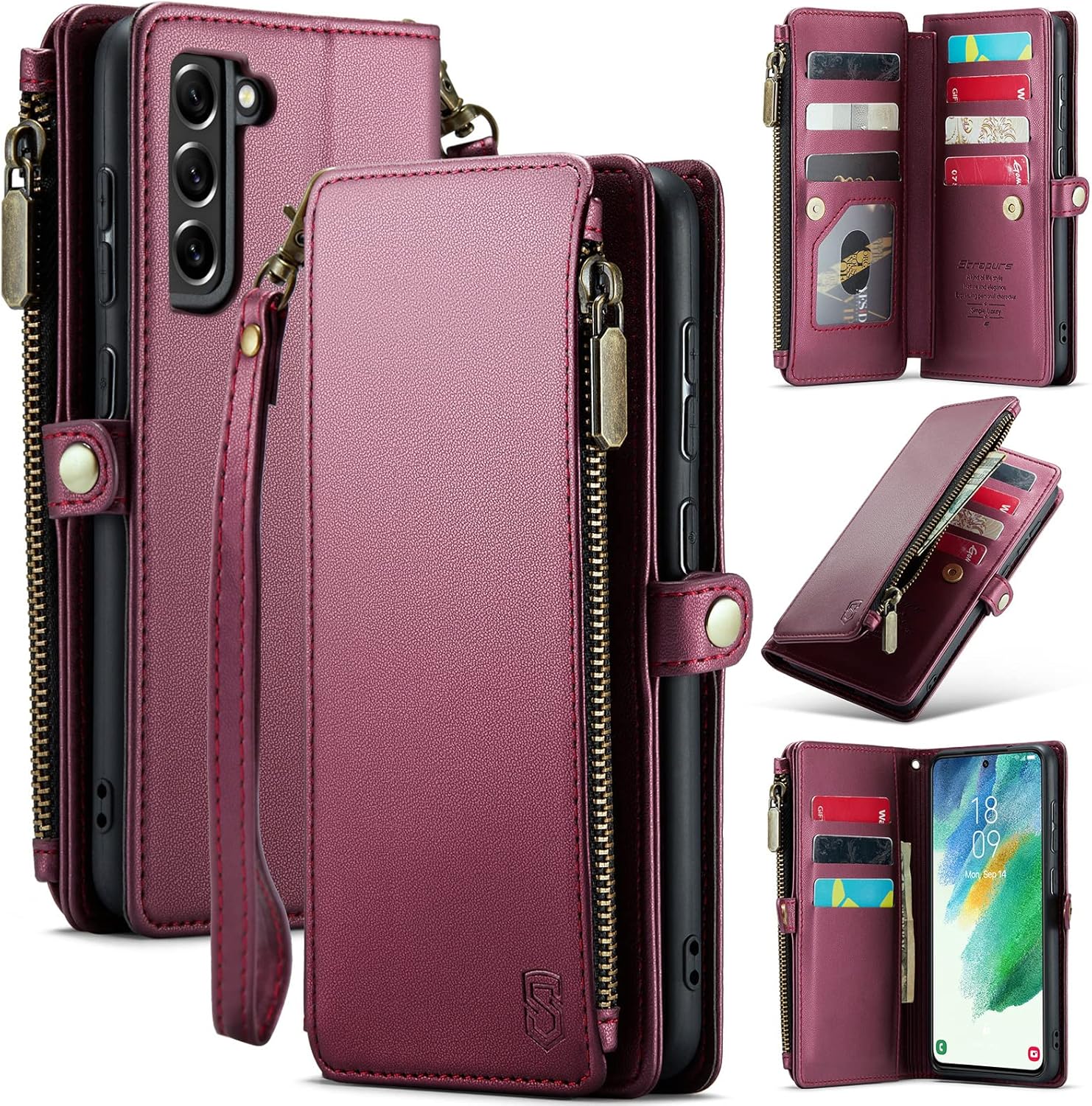 Funda compatible con Samsung Galaxy S21 FE 5G con tarjetero, bloqueo RFID, cremallera, para Galaxy S21 FE, funda magnética de piel sintética para