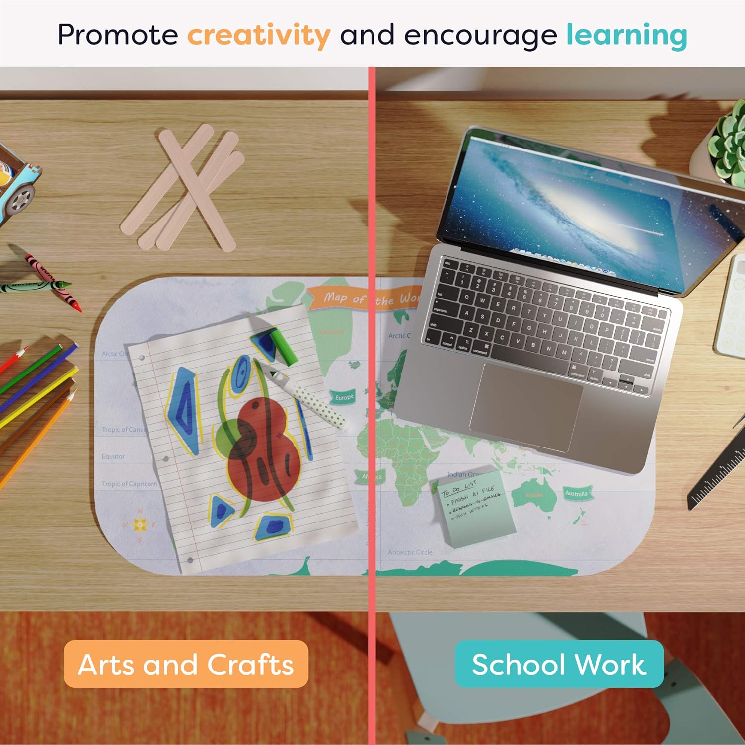 Uncommon Desks Tapete de escritorio para niños, para trabajos escolares, artes y manualidades, divertido tapete de computadora y mouse bloter, funda