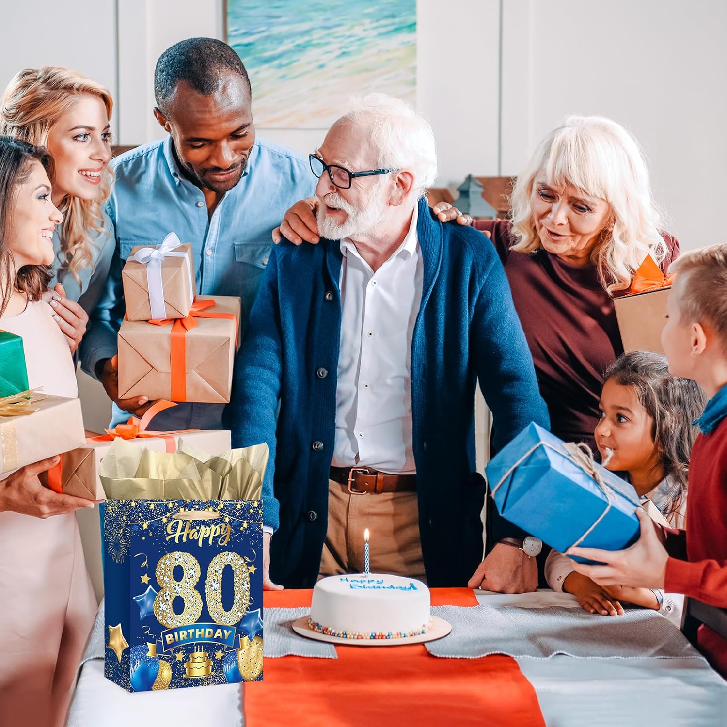 Bolsa de regalo azul para cumpleaños de 80 años, grande, azul marino y dorado, bolsa de regalo de feliz cumpleaños con tarjeta y 3 piezas de papel