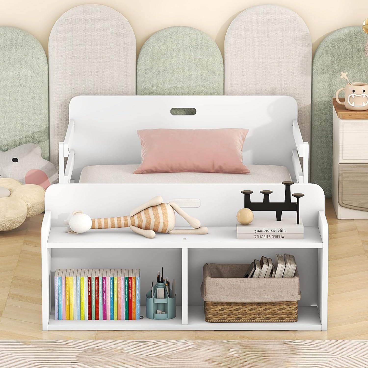 Cama de suelo de tamaño individual con rieles y banco de almacenamiento, marco de cama de madera para niños con cabecera y estribo, no necesita