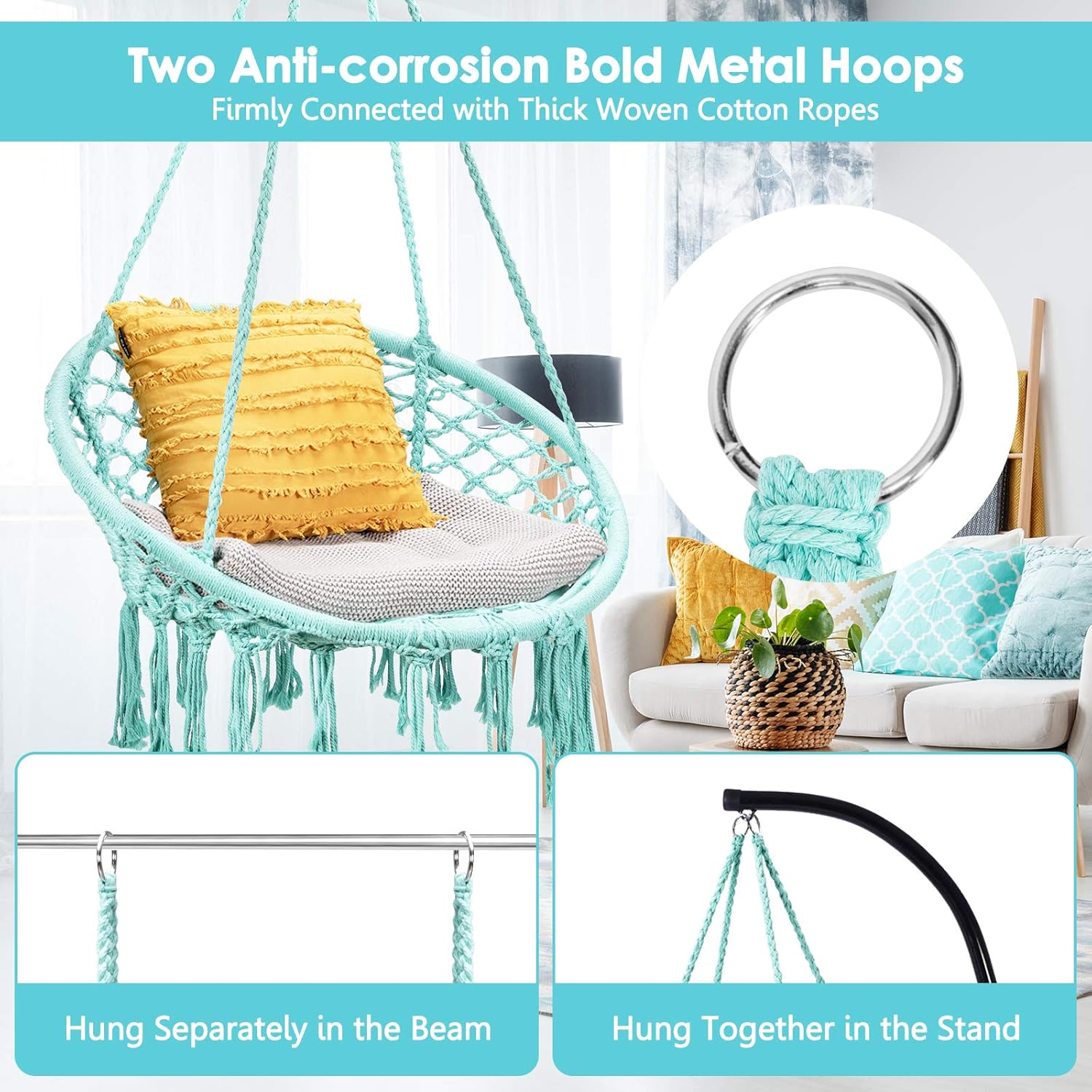 Tangkula Silla hamaca colgante, silla columpio de macramé con borlas y anillos colgantes de alta resistencia, estilo bohemio hecho a mano con cuerda