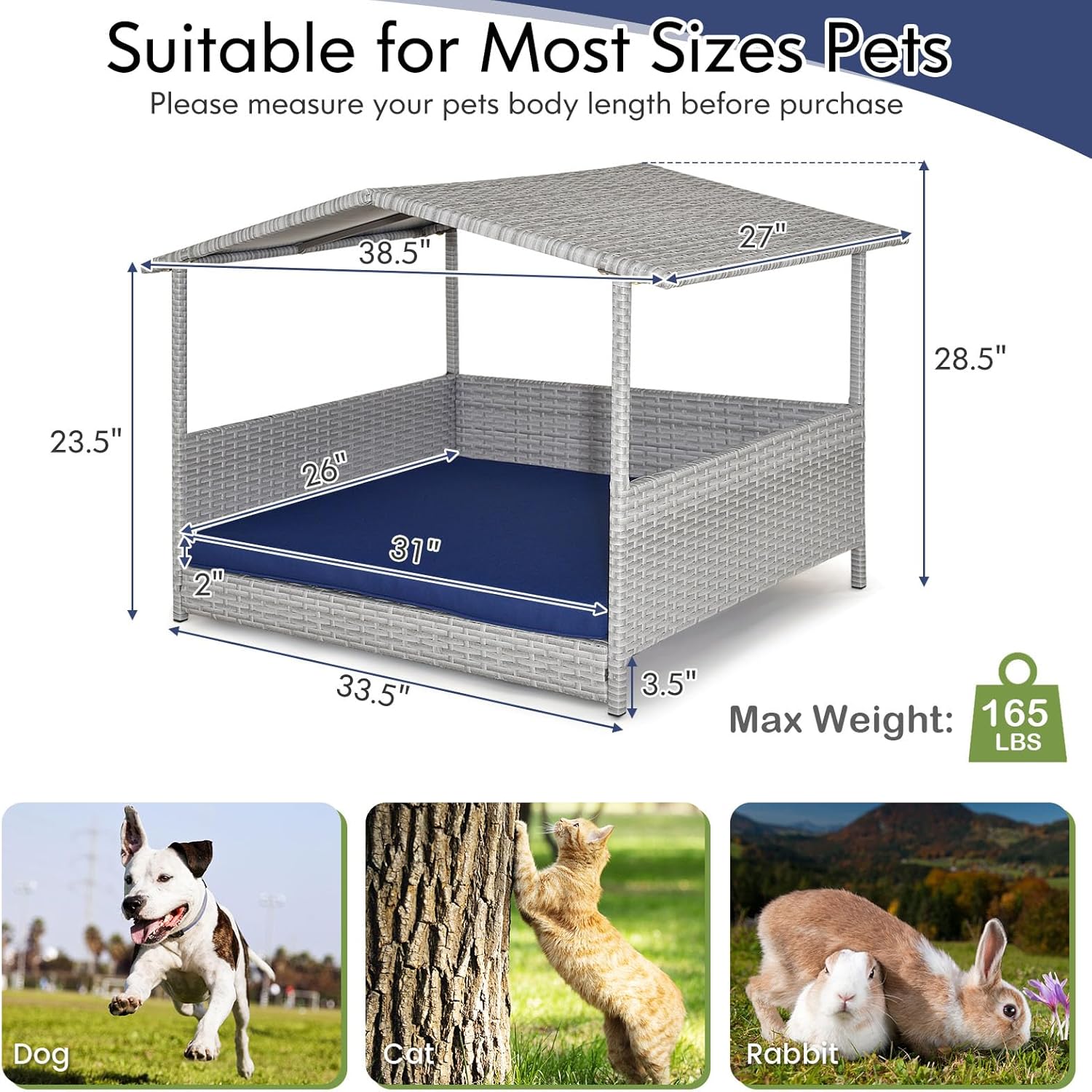 Tangkula Casa de mimbre para perros, cama elevada de ratán para interiores y exteriores con cojín extraíble, funda lavable, techo impermeable,