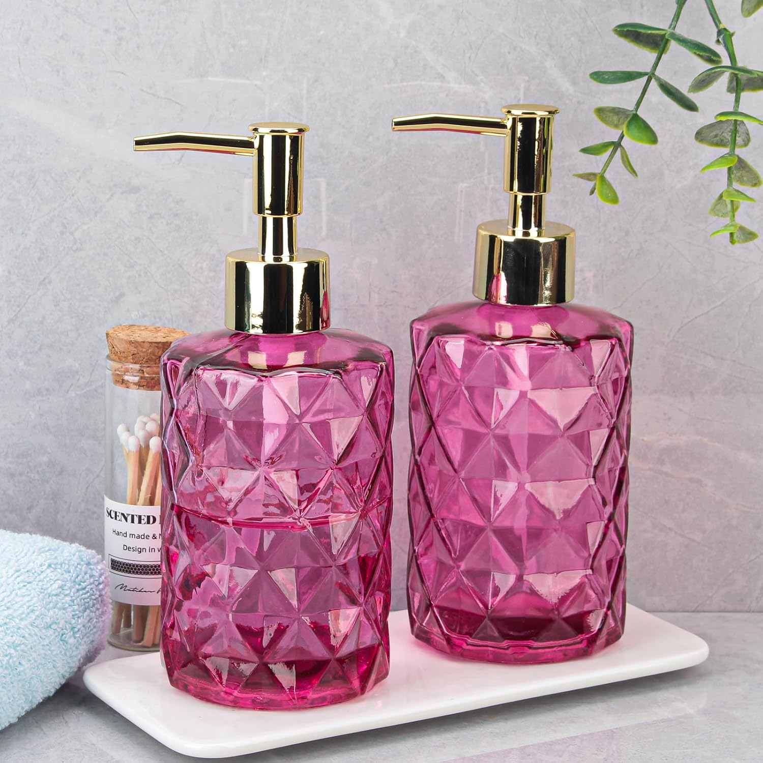 Dispensador de jabón con bomba, dispensador de jabón con patrón de diamante para encimera de cocina, baño, accesorios de baño rosa intenso (paquete