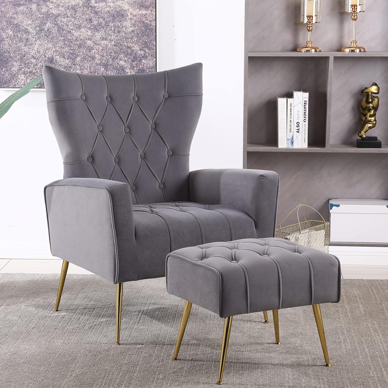 Silla decorativa moderna de terciopelo con otomana, elegante sillón con respaldo de ala con patas de metal dorado, cómodo sofá tapizado individual