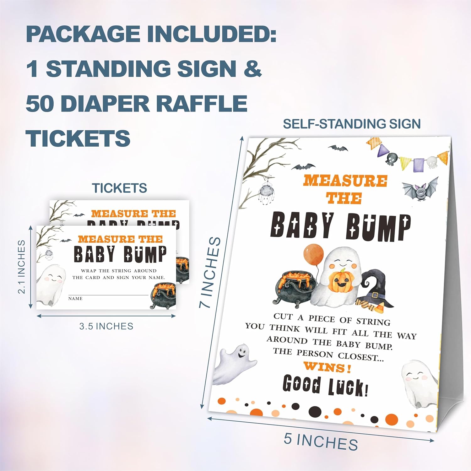 Baby Shower Measure The Baby Bump Kit de juego  Acuarela Halloween  1 letrero de pie y 50 boletos  How Big Is Mommy’s Belly Sign  Revela de género,