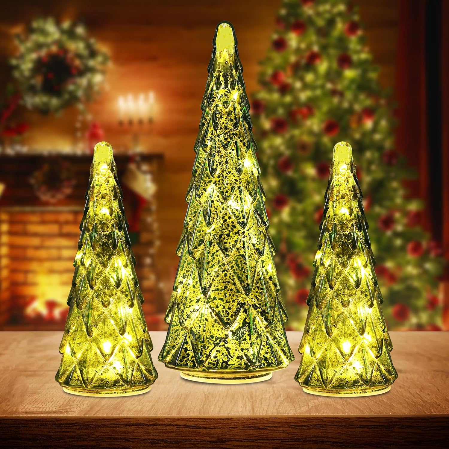 Decoraciones de Navidad para interiores, juego de 3 árboles de Navidad de cristal verde preiluminados para decoración del hogar, decoración de mesa