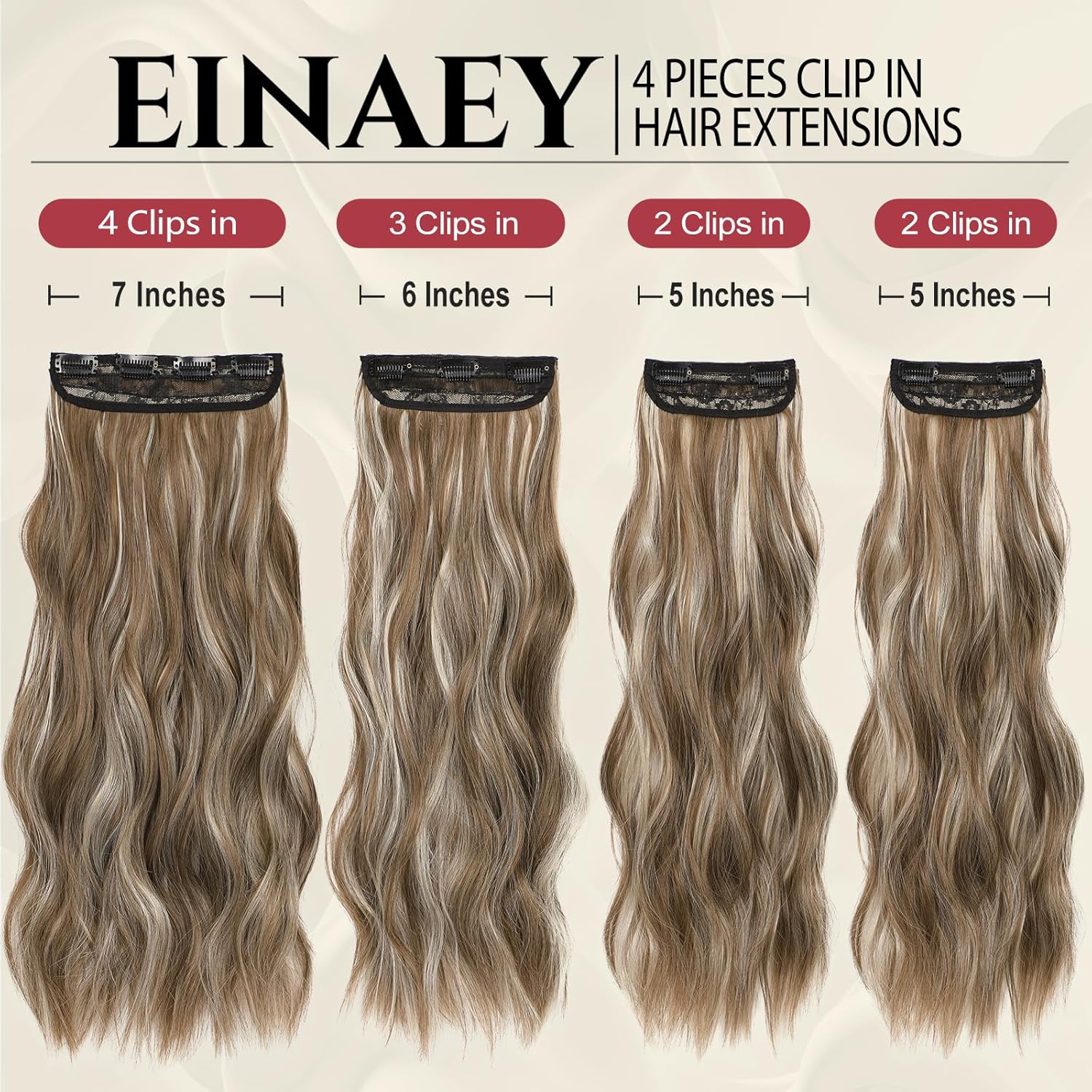 Extensiones de cabello con clip, 4 piezas de extensiones suaves, naturales y fáciles de usar con extensiones largas onduladas para bodas, disfraces