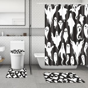 MEHOFOND Juego de 4 cortinas de ducha de fantasmas de Halloween con cortina de ducha y alfombras, cubierta de tapa de inodoro y tapete en forma de MEHOFOND Juego de 4 cortinas de ducha de fantasmas de Halloween con cortina de ducha y alfombras, cubierta de tapa de inodoro y tapete en forma de